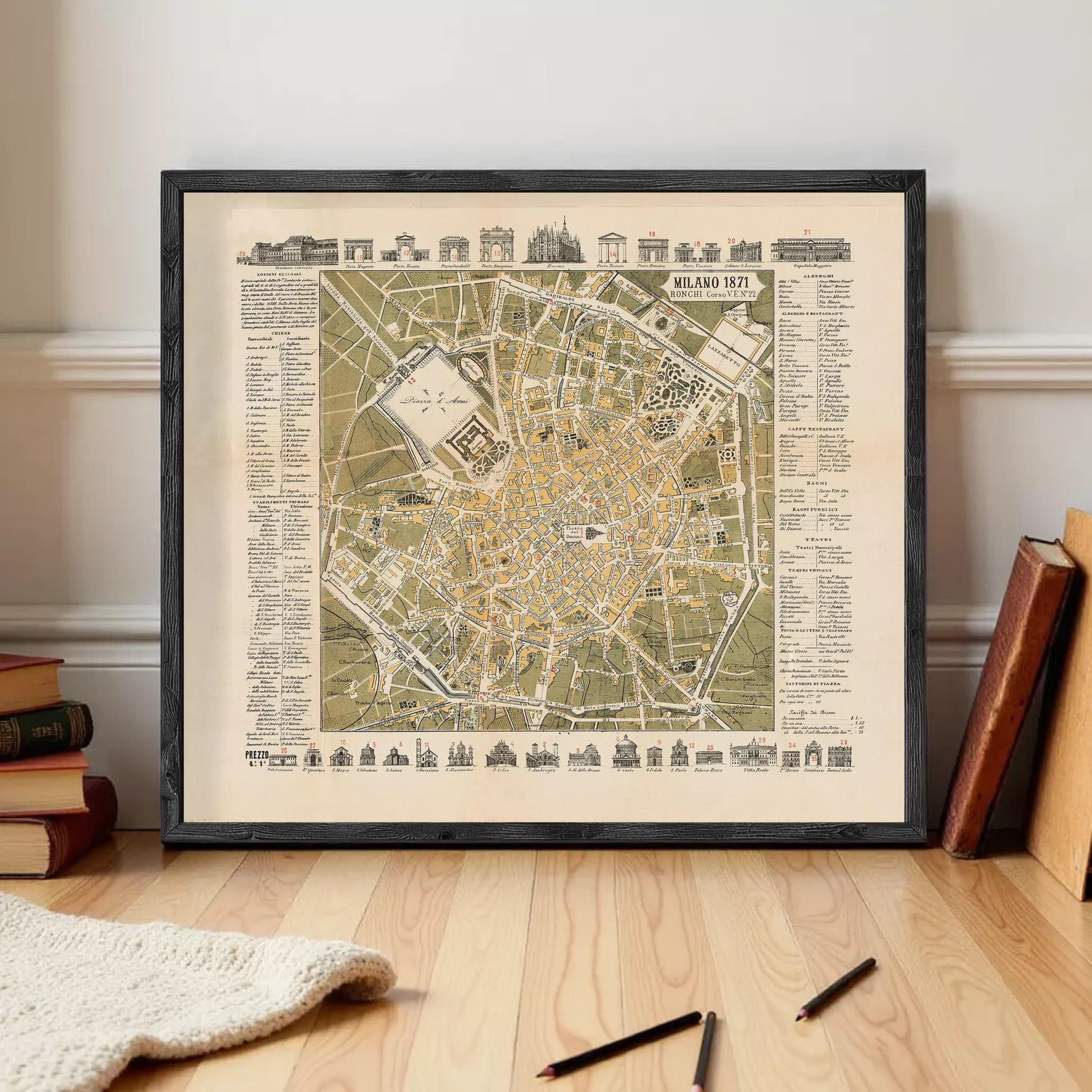 a framed map of Milan, Italy, with various landmarks and streets labeled.