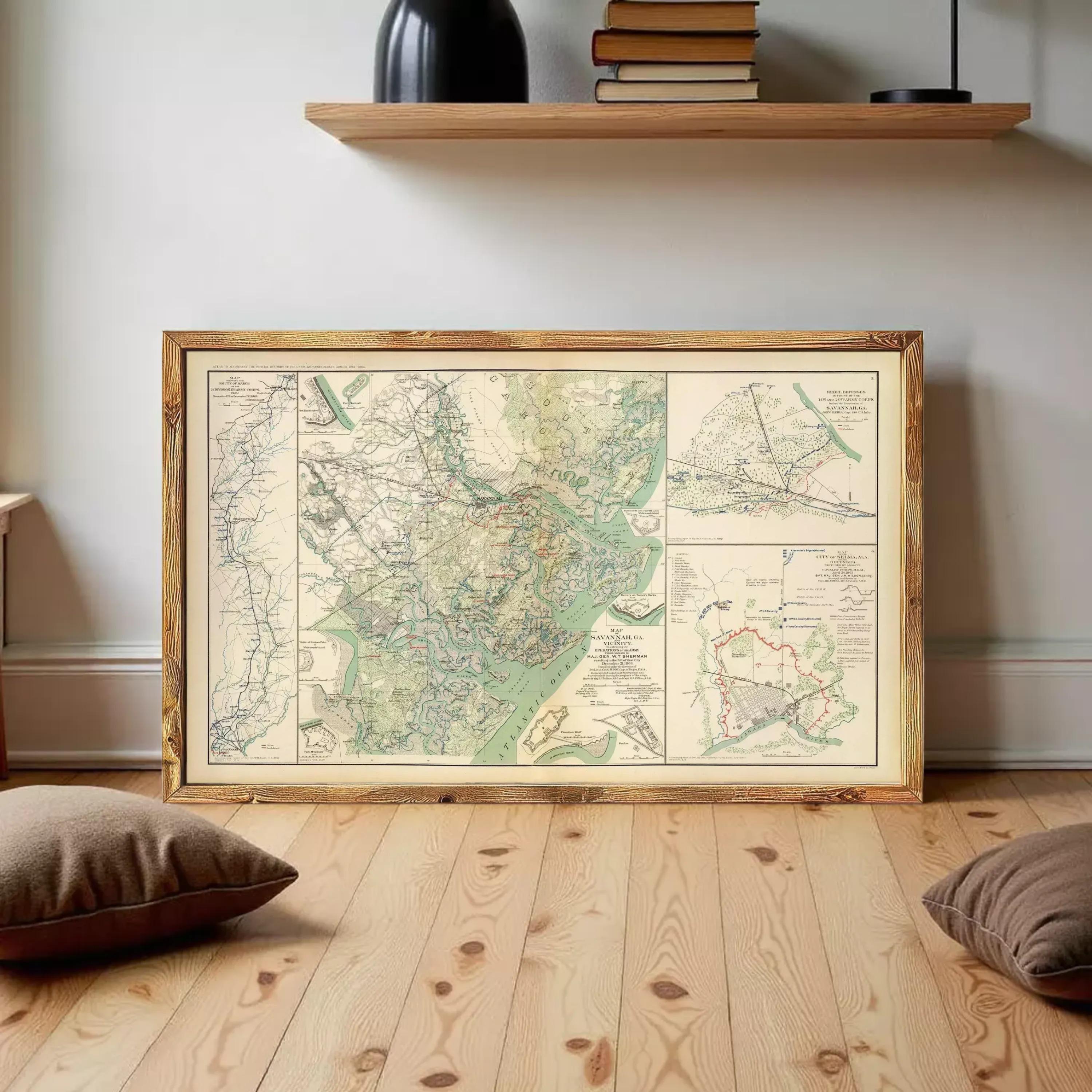 a large framed map of the United States, with a wooden shelf and a stack of books in the background.