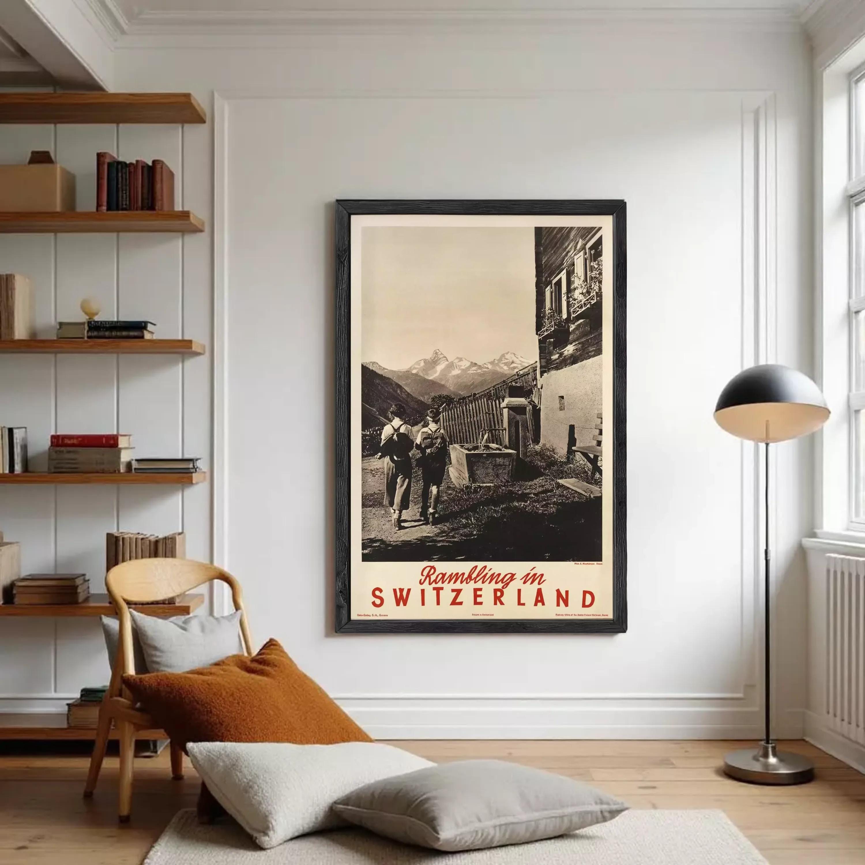 The image is a framed vintage travel poster advertising "Rambling in Switzerland".