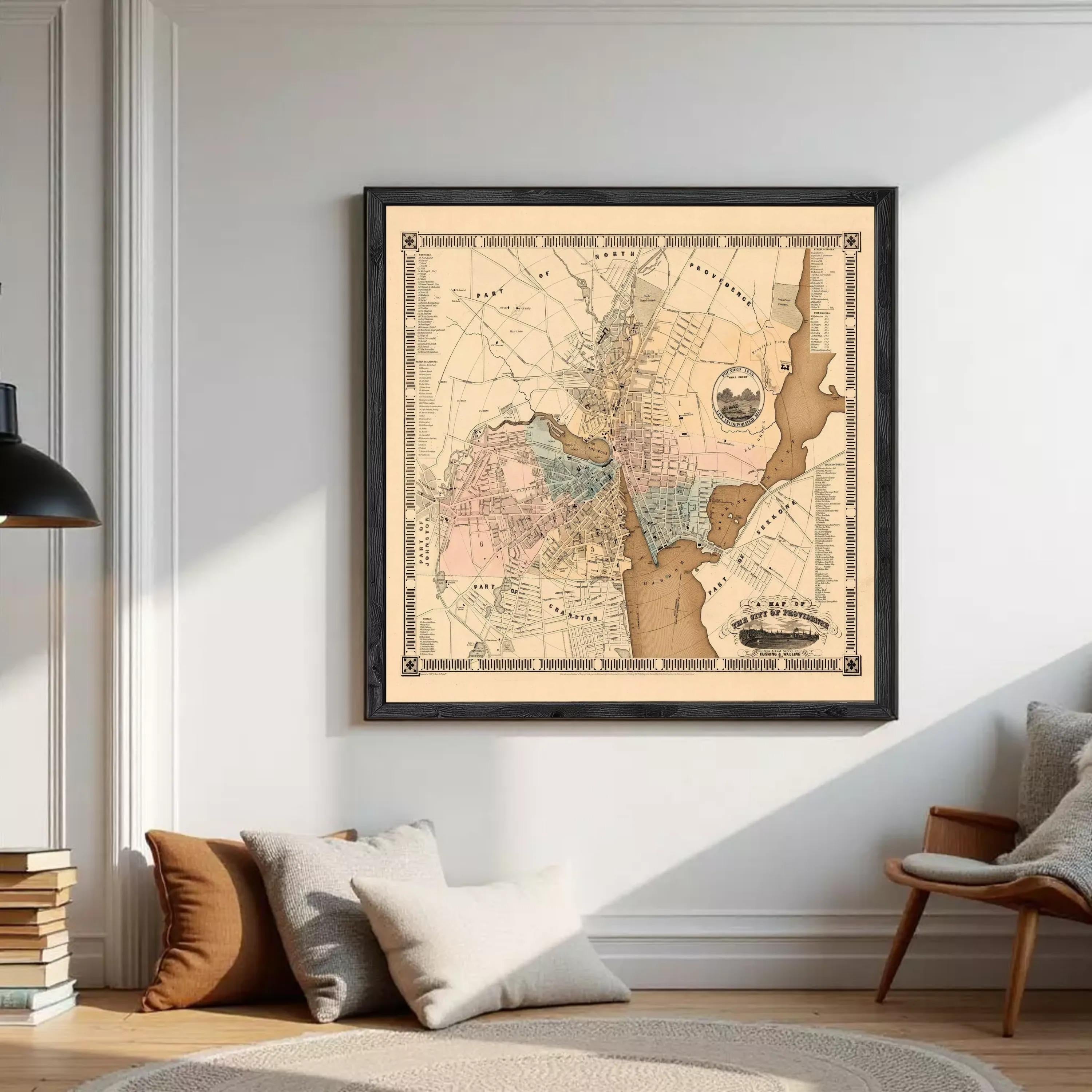 The image is a framed vintage map of Boston, Massachusetts, depicting the city's layout and surrounding areas.