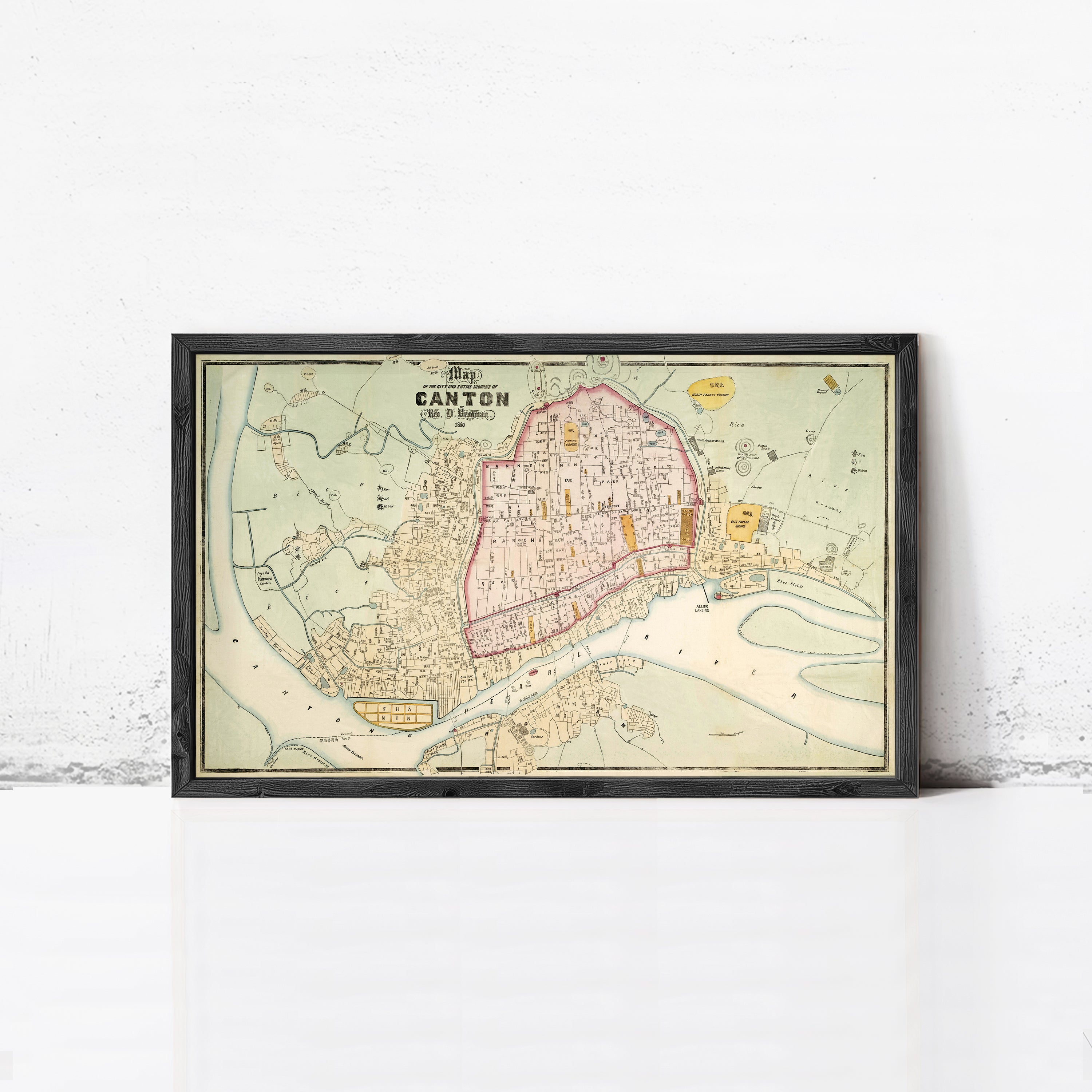 The image is a framed vintage map of Canton, depicting the city of Canton in a detailed and colorful manner.