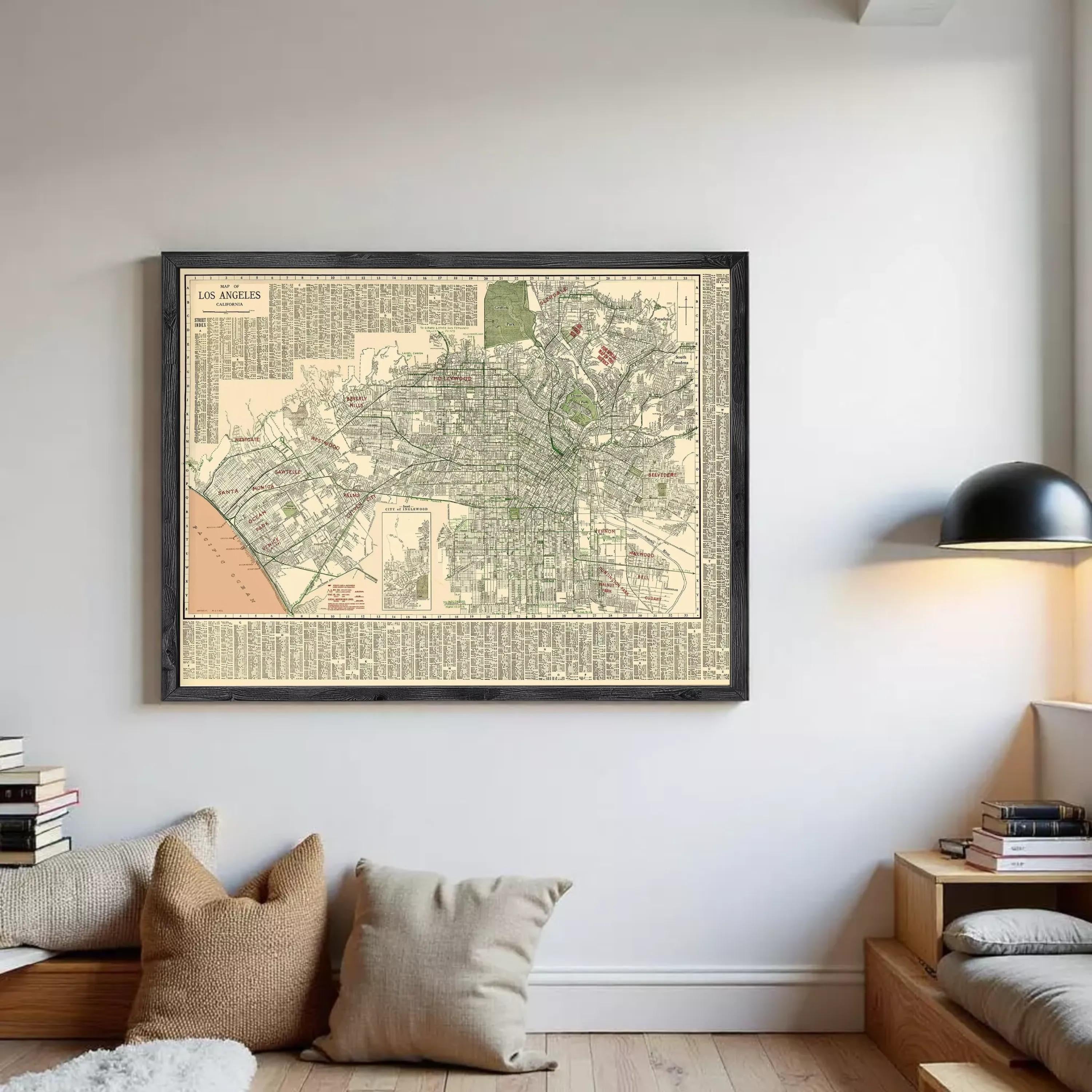 The image is a framed vintage map of Los Angeles, California, depicting the city's streets and neighborhoods in a detailed and detailed manner.
