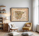The image is a framed map of Spain, with various symbols and labels indicating different regions and zones within the country.