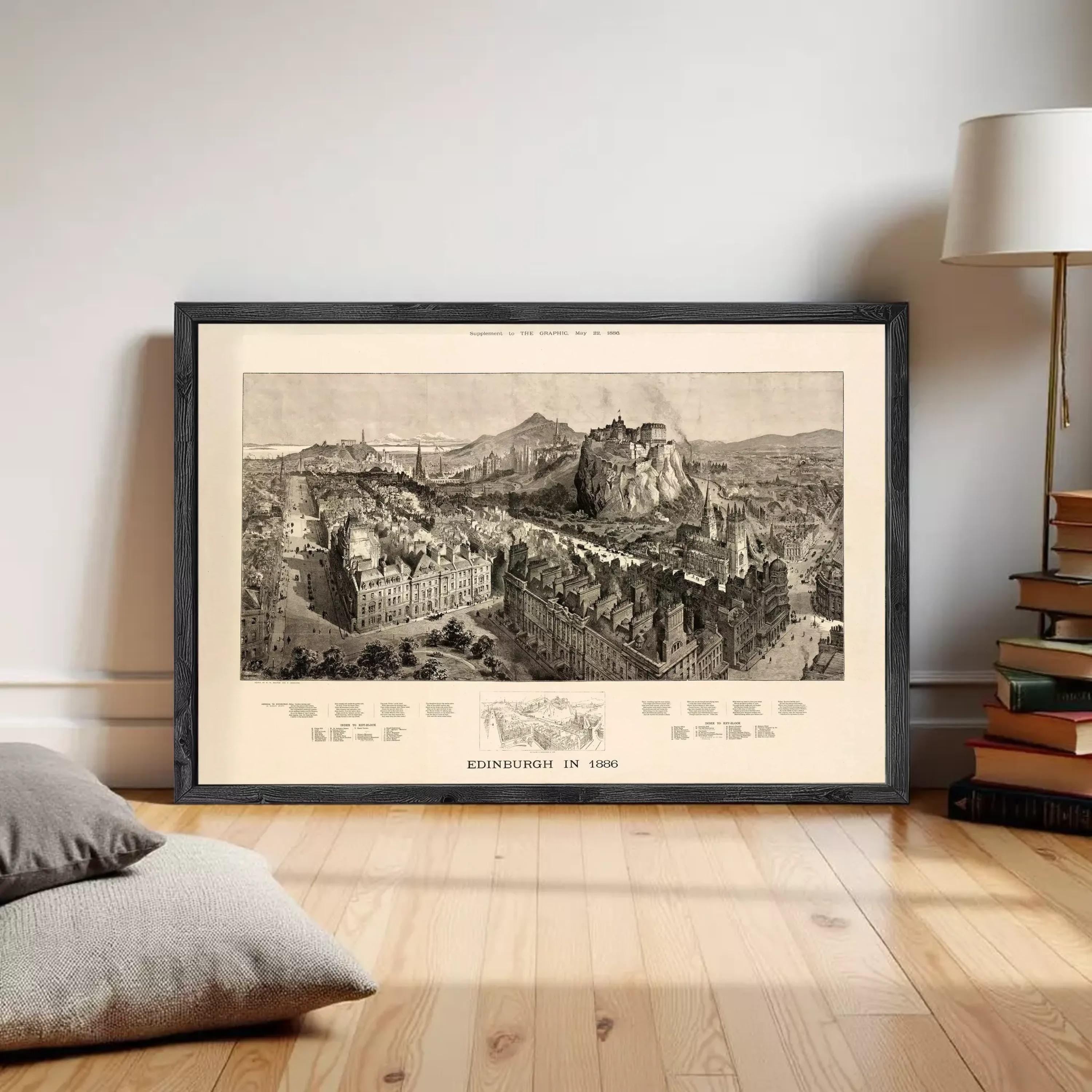 The image is a framed print depicting a detailed illustration of Edinburgh, Scotland, from the year 1866.