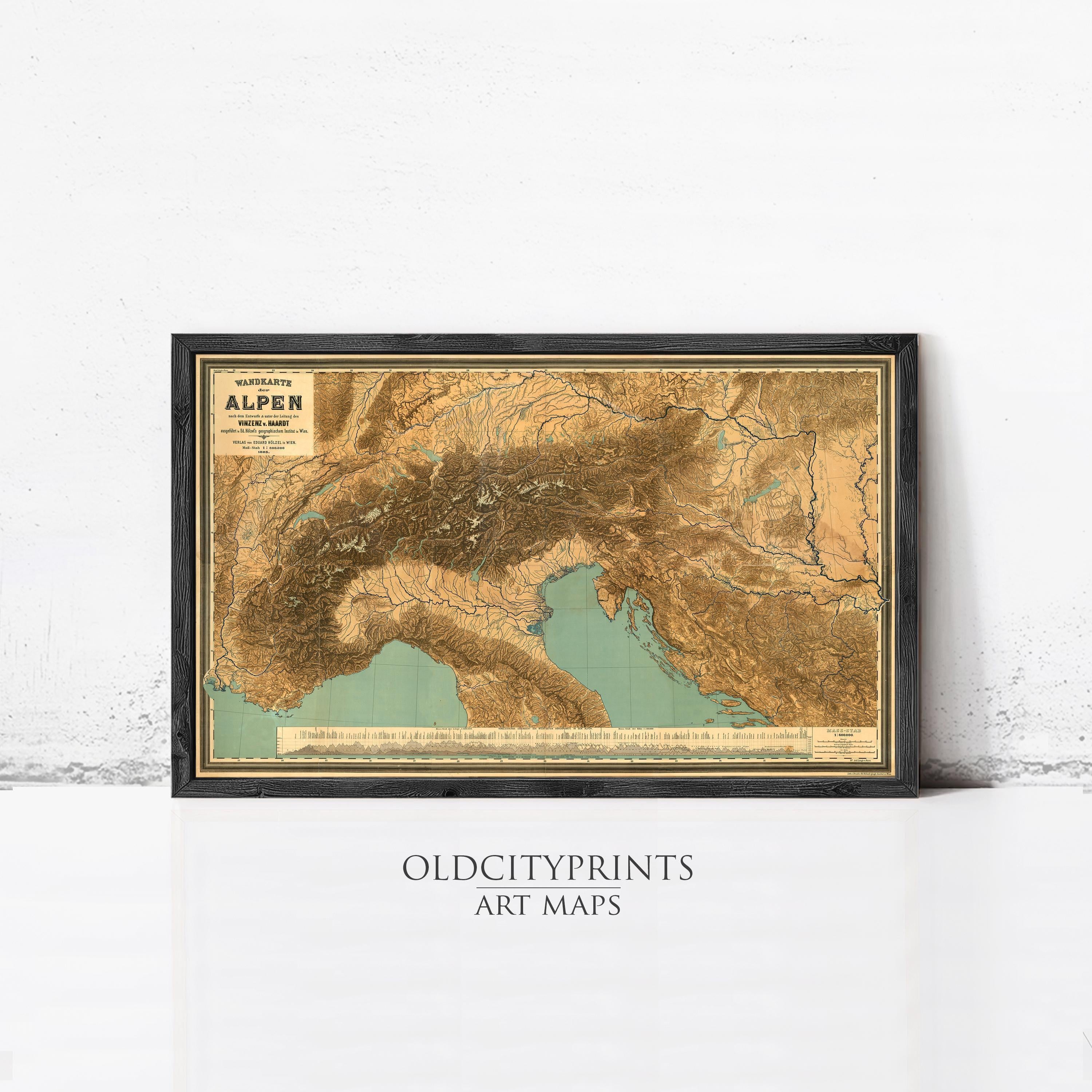 The image is a framed vintage map of Europe, specifically focusing on the Alps region.
