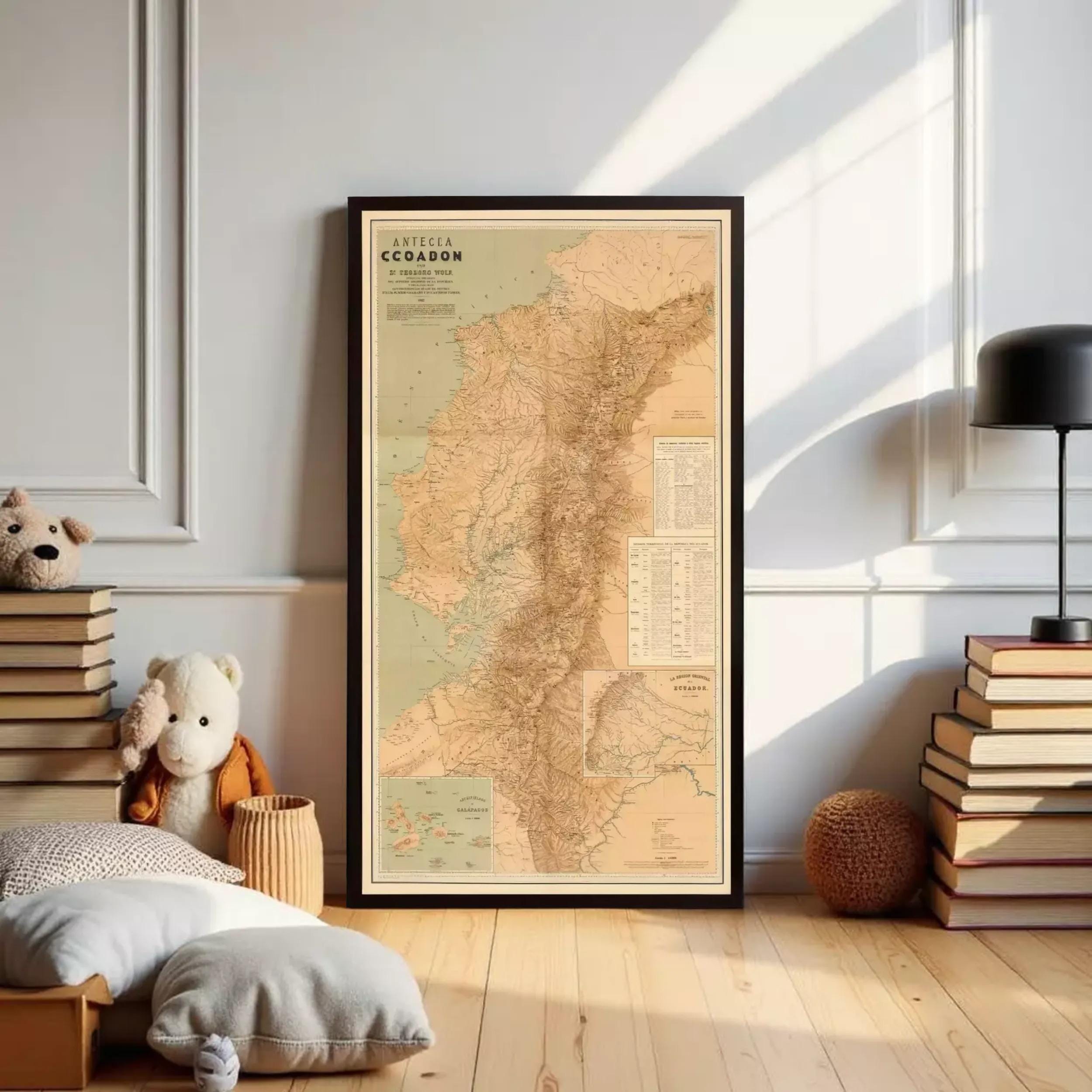 The image is a framed map of Ecuador, showing the country's geographical layout and boundaries.