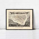 The image is a framed antique map of a region, likely depicting a historical or geographical area.