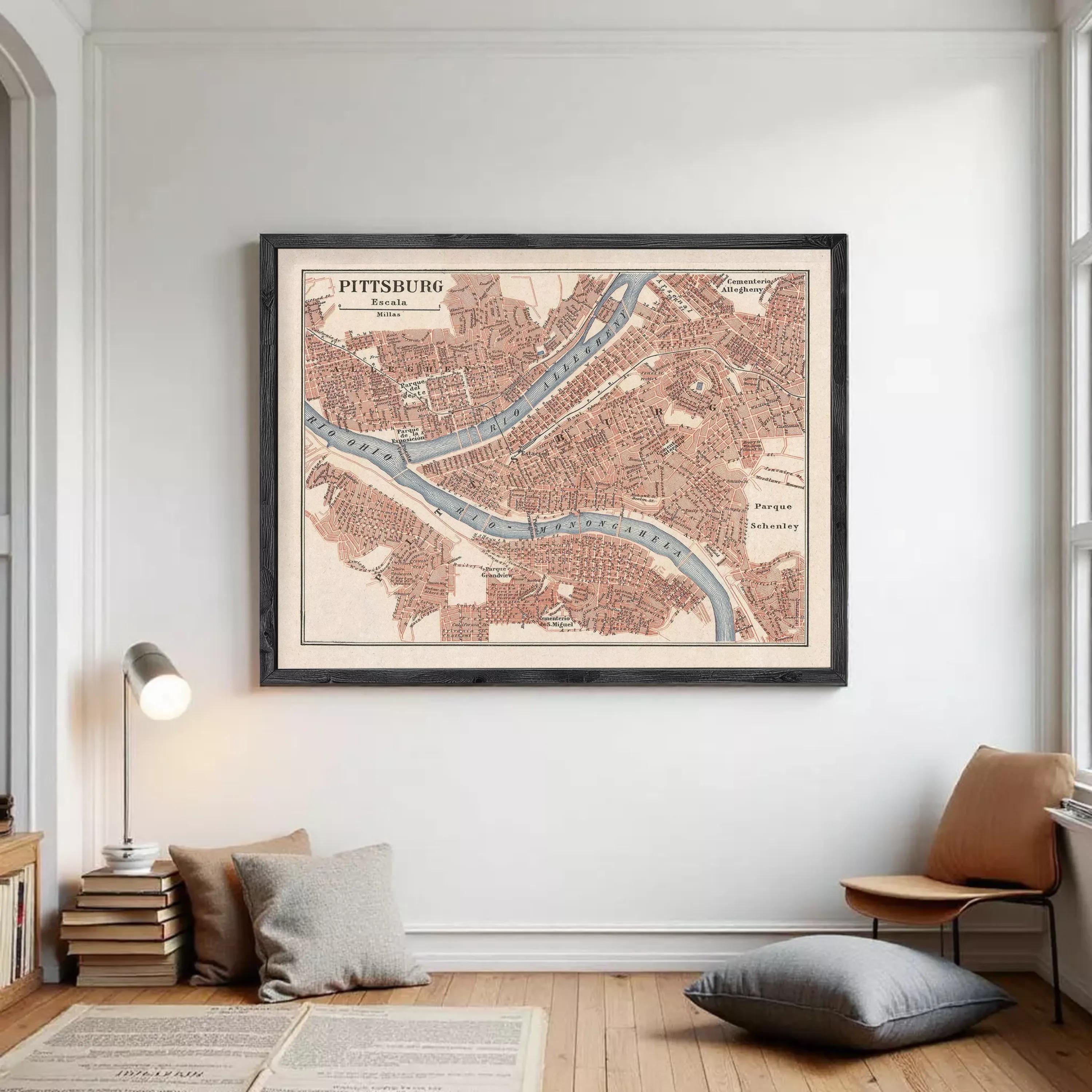 The image is a framed vintage map of Pittsburgh, Pennsylvania, United States.