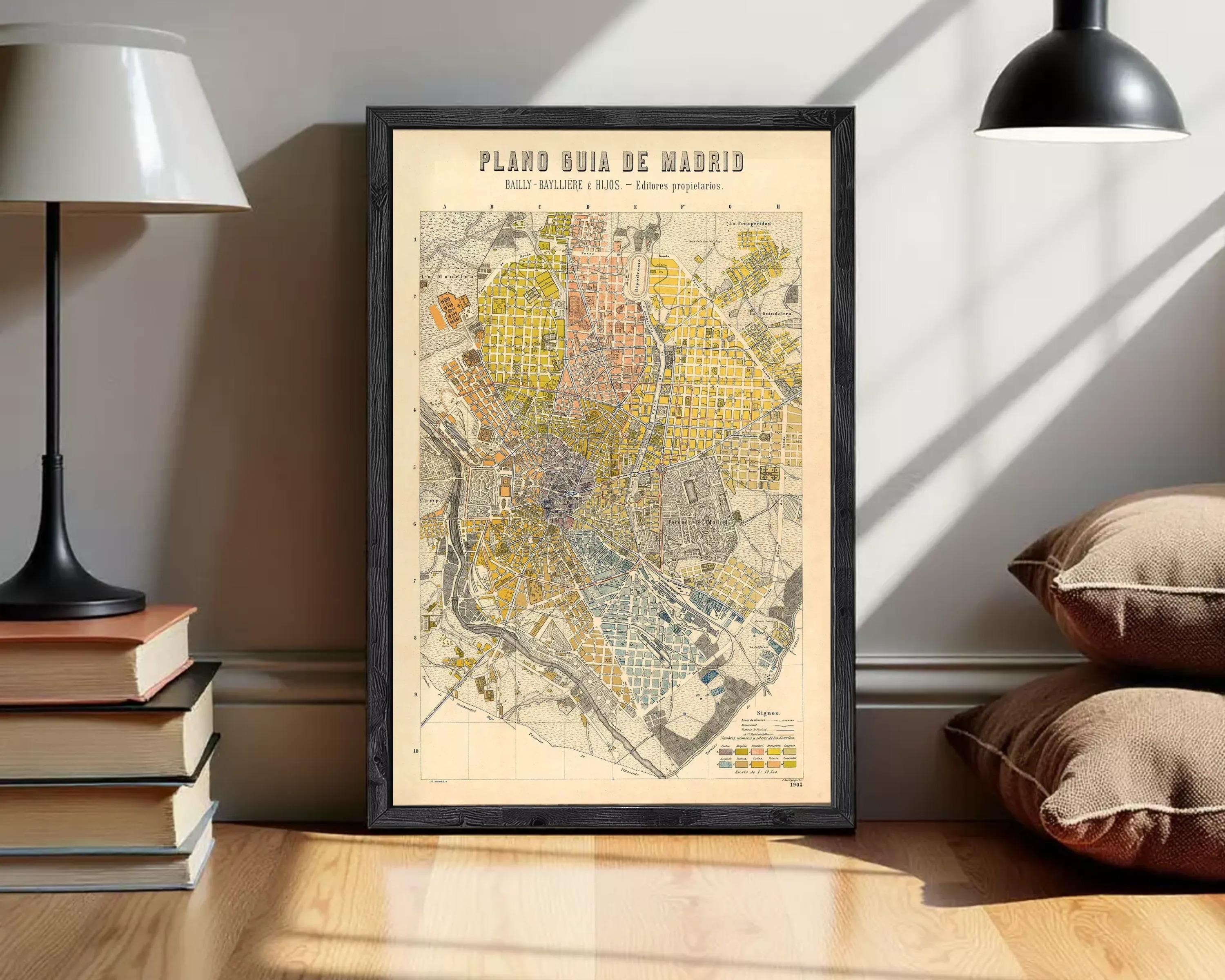 The image is a framed vintage map of Madrid, Spain, depicting the city's layout and surrounding areas.