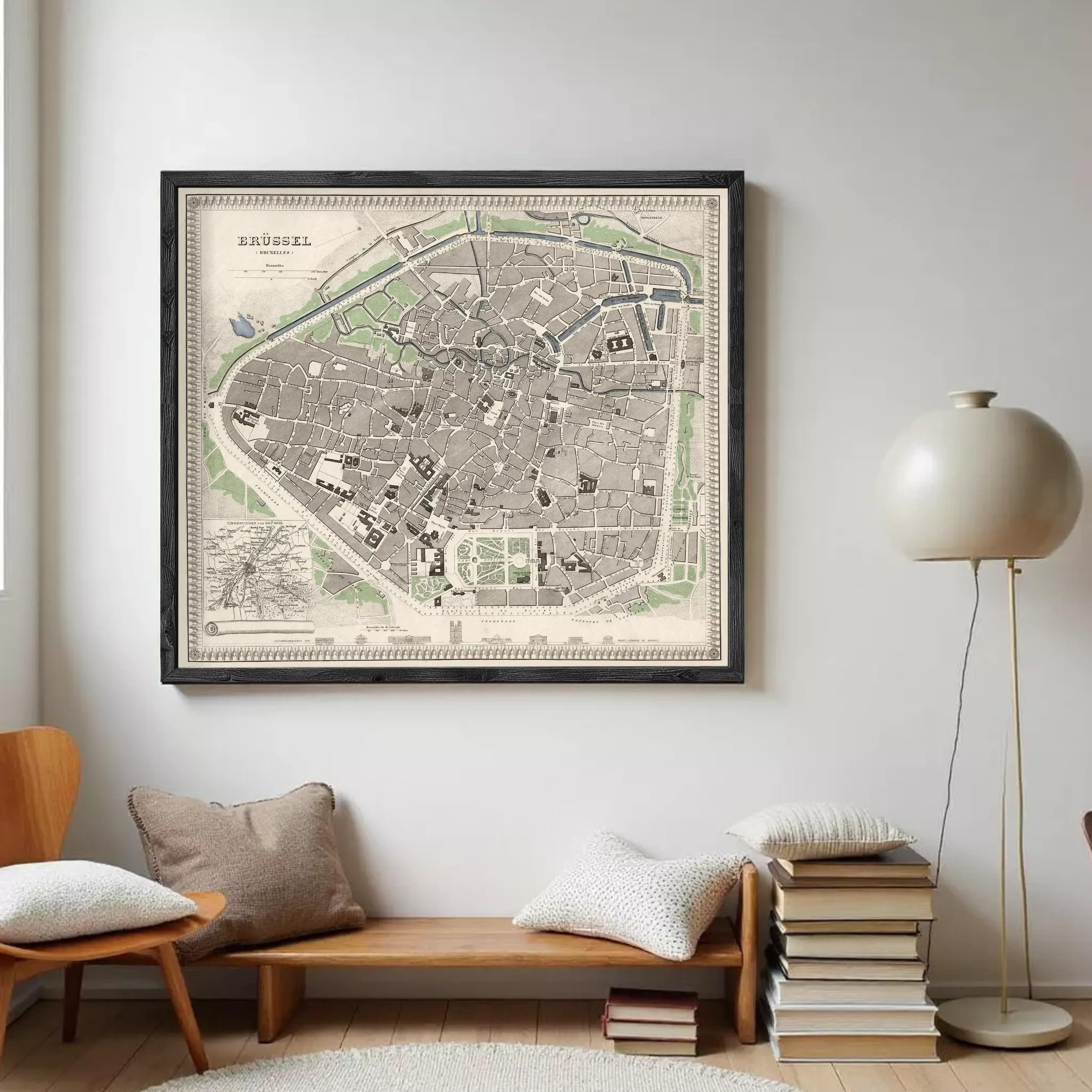 The image is a framed vintage map of Brussels, Belgium, depicting the city's layout and surrounding areas.