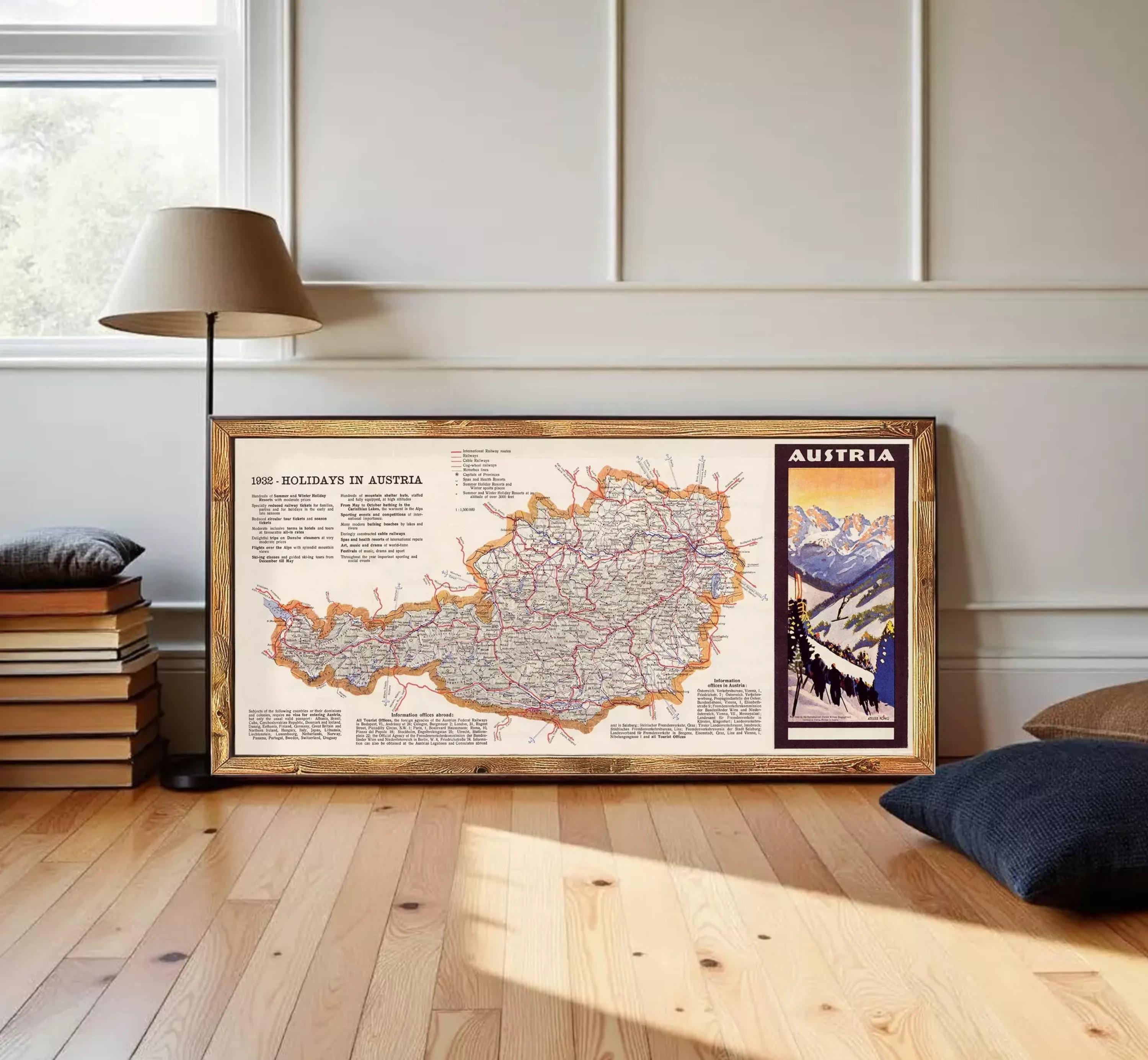 The image is a framed map of Austria, with a mountain landscape visible in the corner.