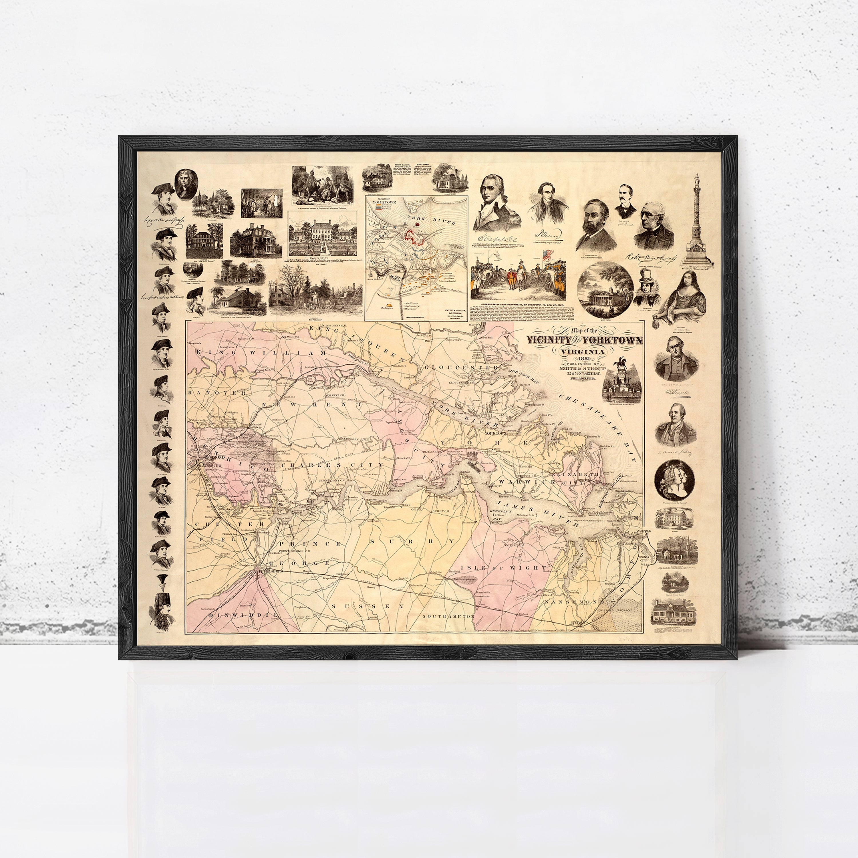 The image is a framed vintage map of the United States, featuring various landmarks and locations.