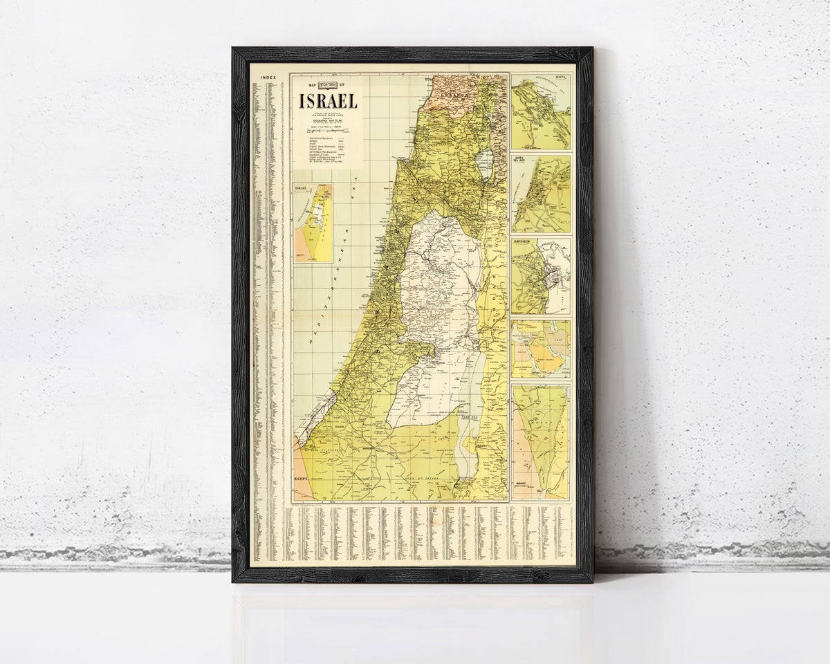 The image is a framed vintage map of Israel, depicting the country's geographical layout and boundaries.