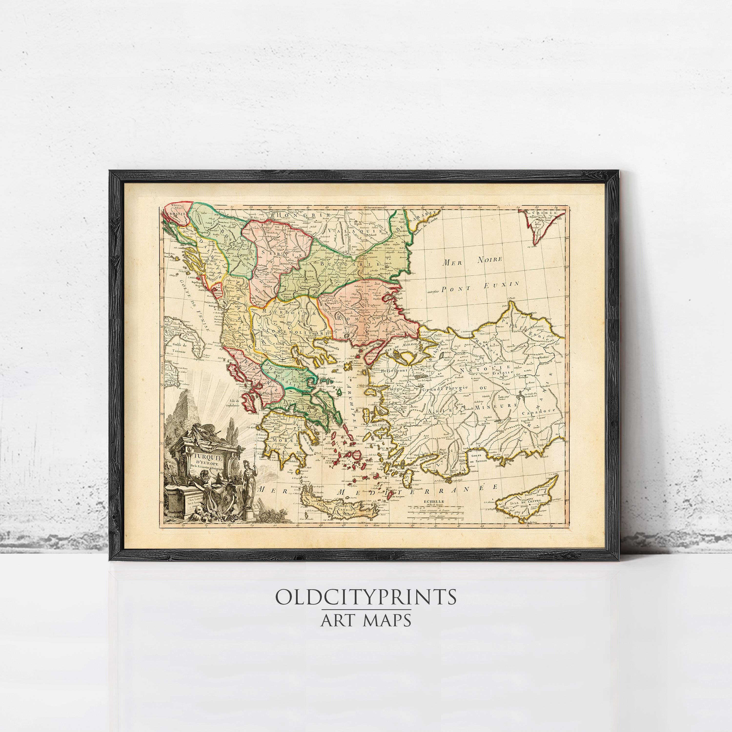 The image is a framed vintage map of Europe, Asia, and the Middle East, depicting the borders and major geographical features of the region.
