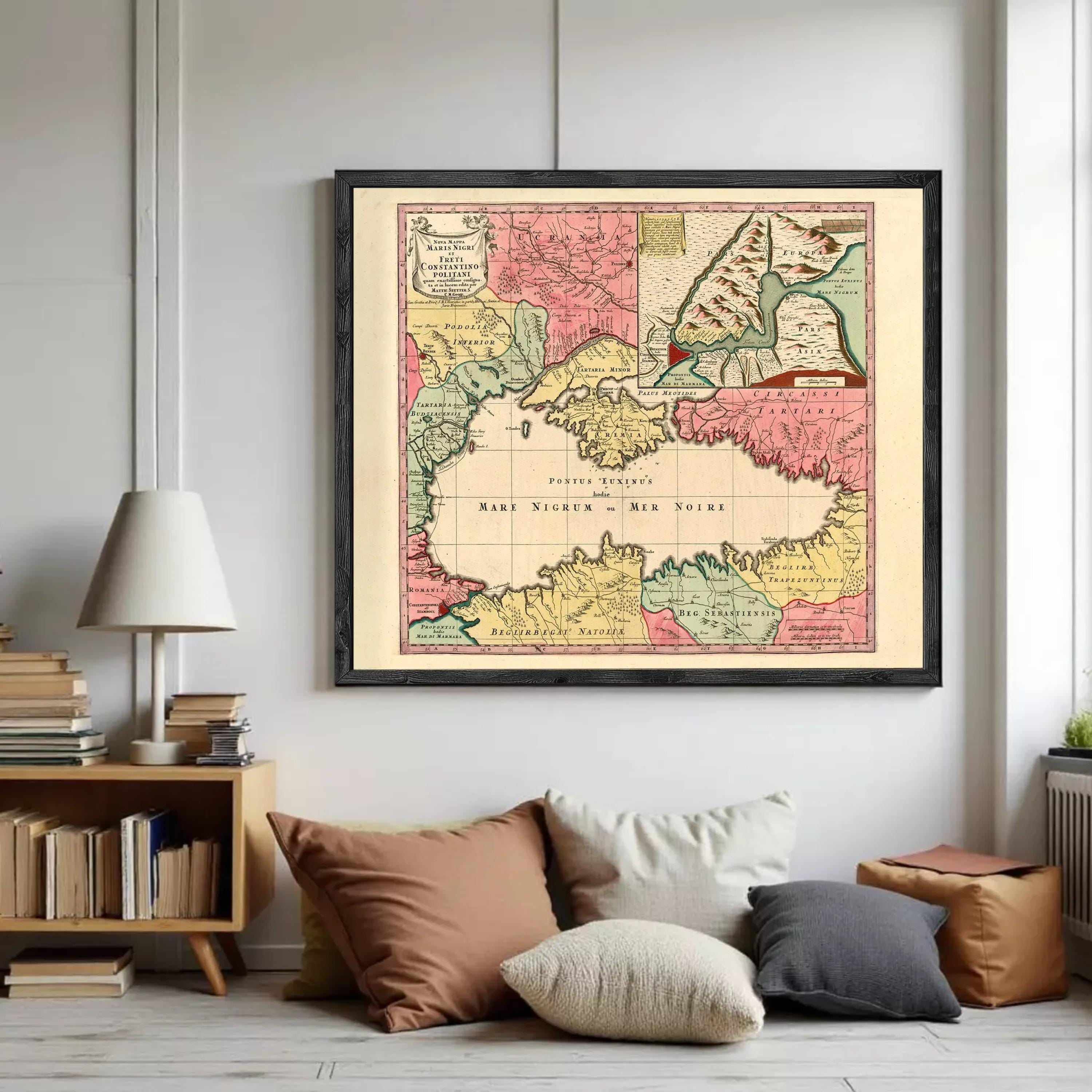 The image is a framed vintage map of the Mediterranean region, depicting various countries and geographical features.