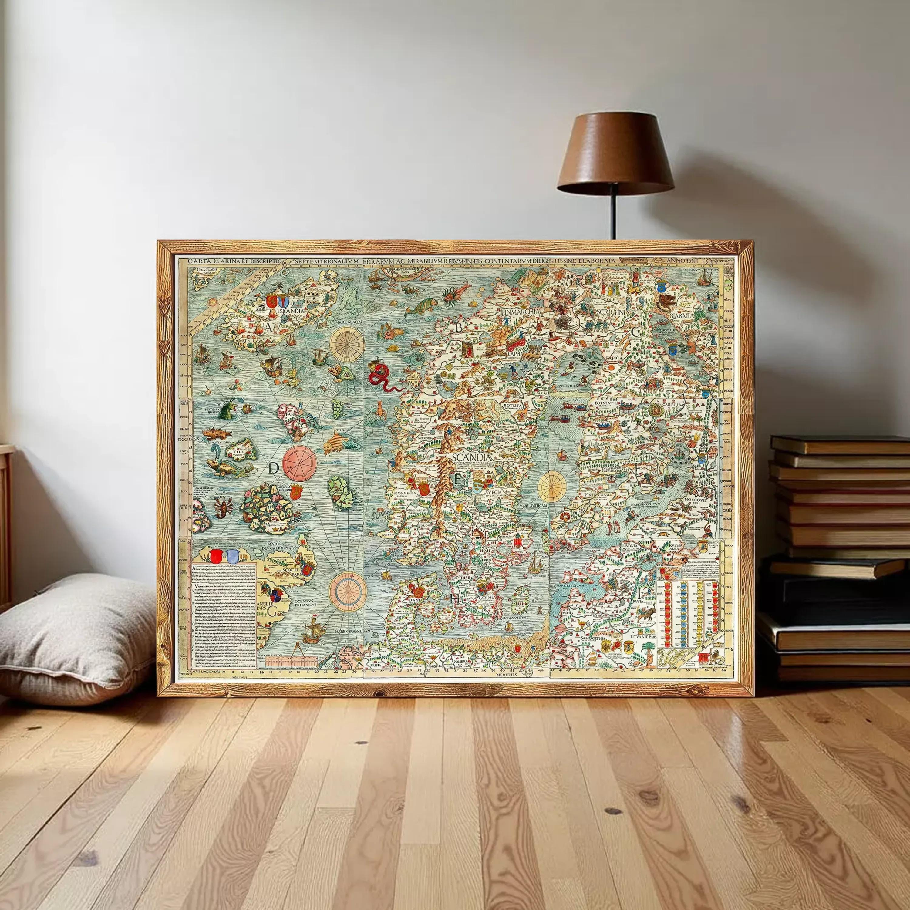 a large, colorful map of Europe displayed in a wooden frame on a wooden floor.