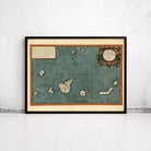 The image is a framed antique map of the Atlantic Ocean, depicting the coastlines and surrounding areas of various islands and coastlines.