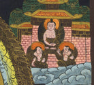 The image is a colorful and detailed painting featuring a group of people, possibly monks, sitting in a temple-like structure. The painting is rich in detail and vibrant in its use of color, creating a visually striking and engaging scene.