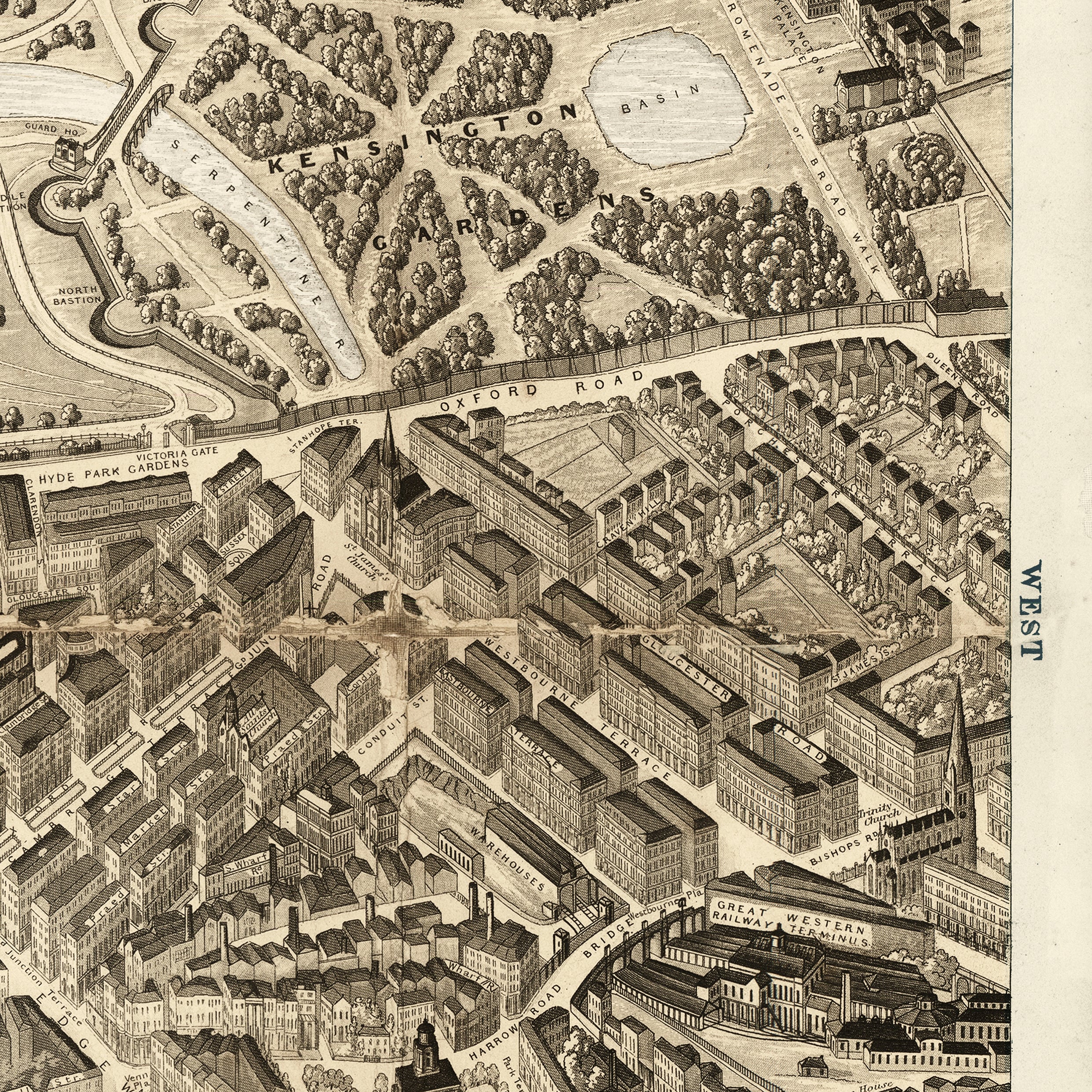 The image is a detailed map of a city, showing streets, buildings, and other urban features.