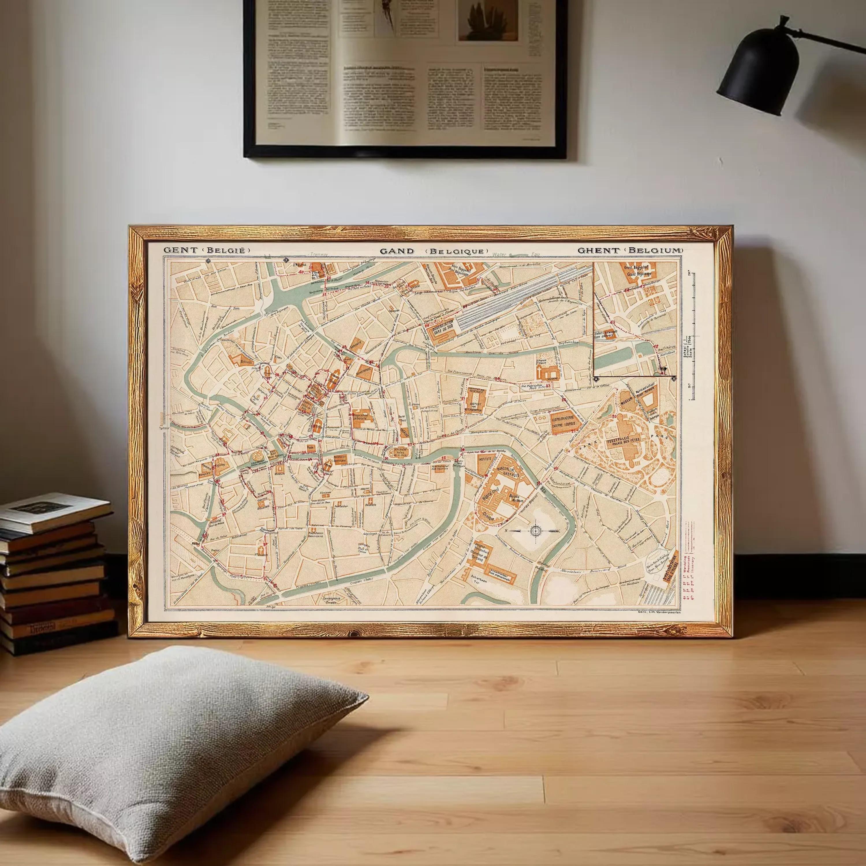 The image is a framed map of Brussels, Belgium, showing the city's streets, landmarks, and surrounding areas.