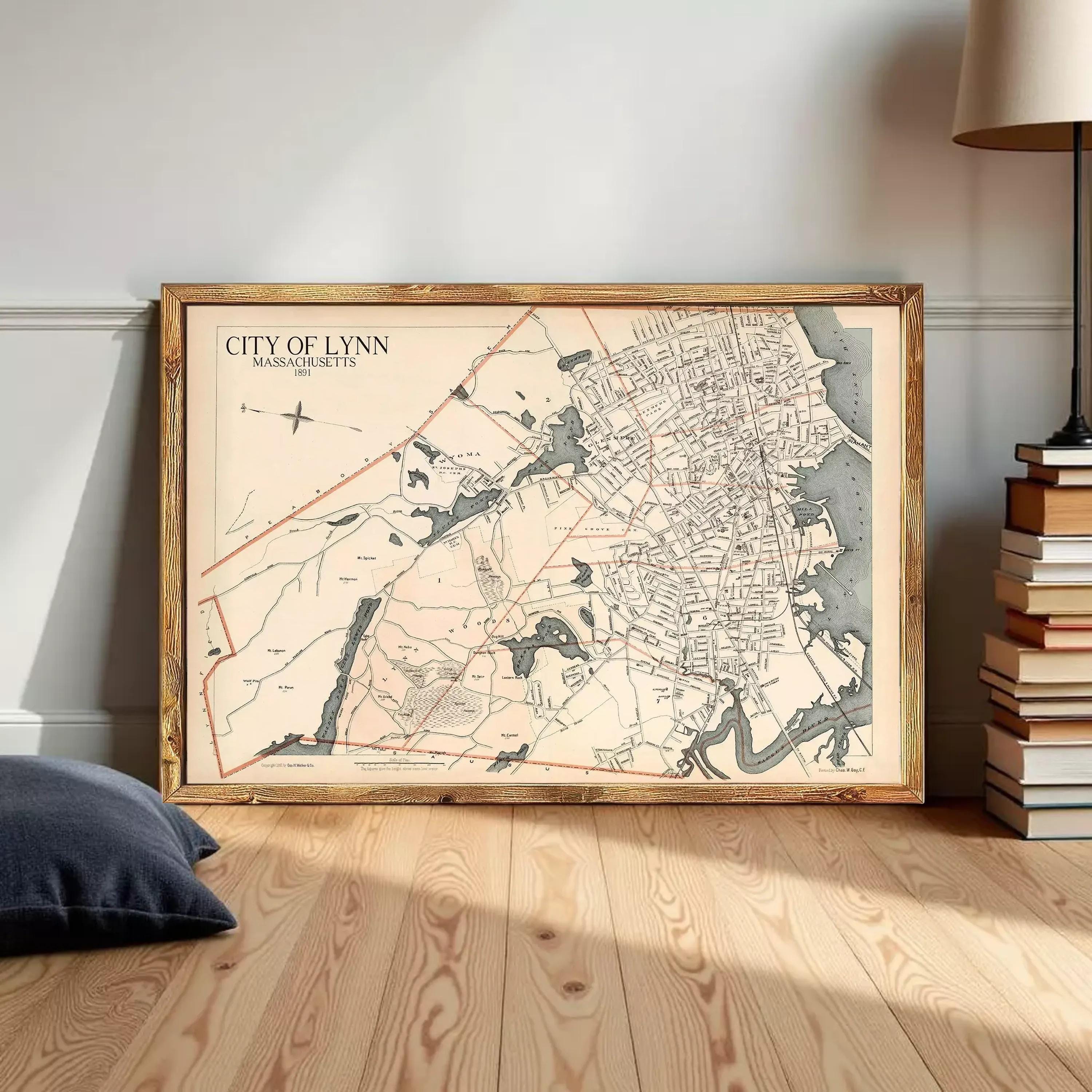 The image is a framed map of the city of Lynn, Massachusetts, dated 1883.