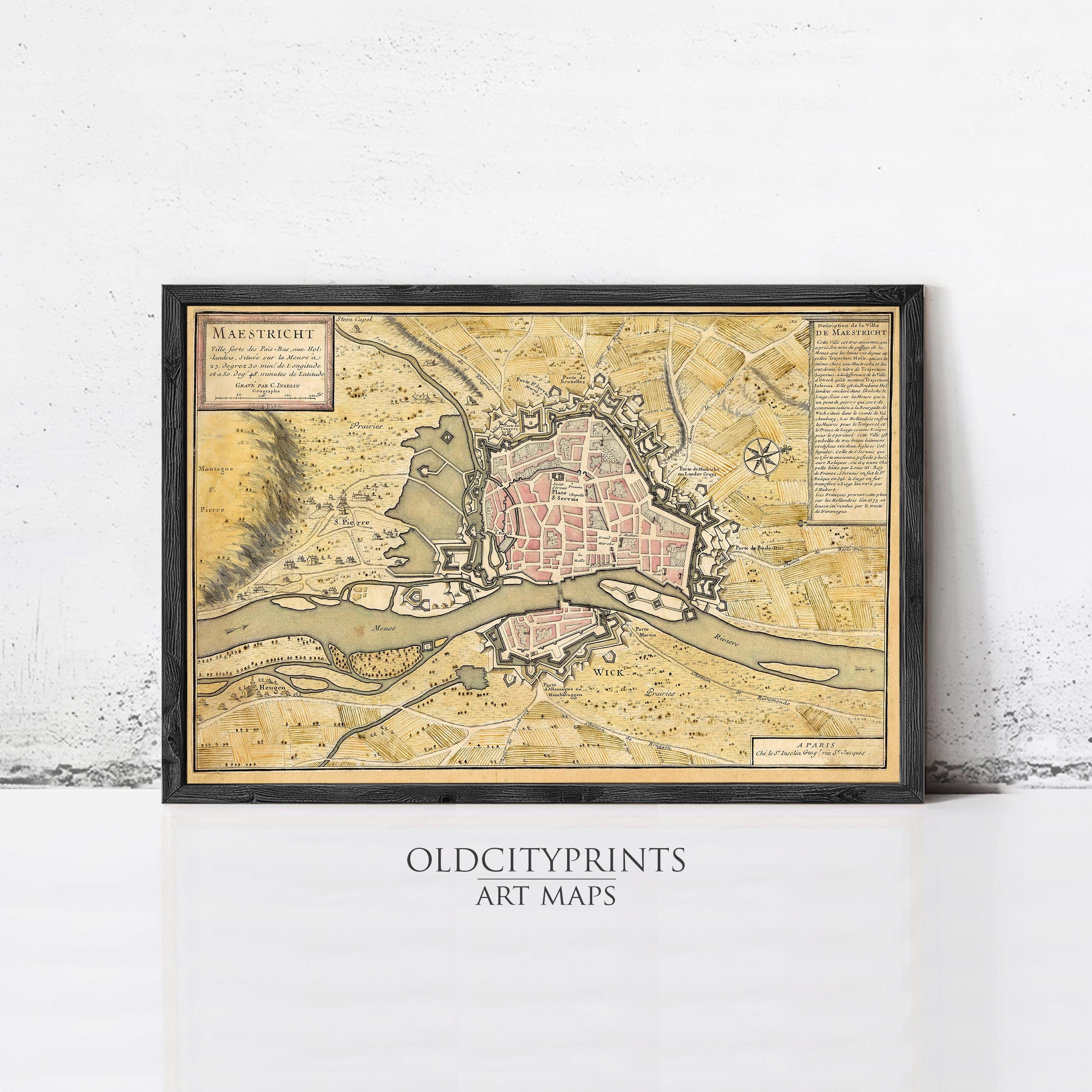 The image is a framed vintage map of a city, likely from the 17th century, with detailed cartography and a historical context.