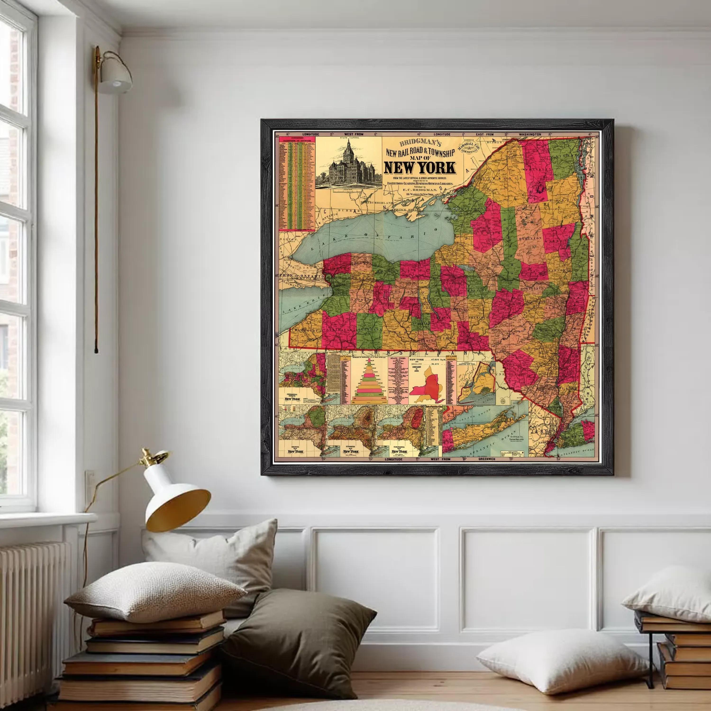 A framed vintage map of New York, depicting the state in a colorful and detailed manner.