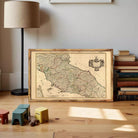 The image is a framed antique map of Italy, depicting the country's geographical layout and boundaries.