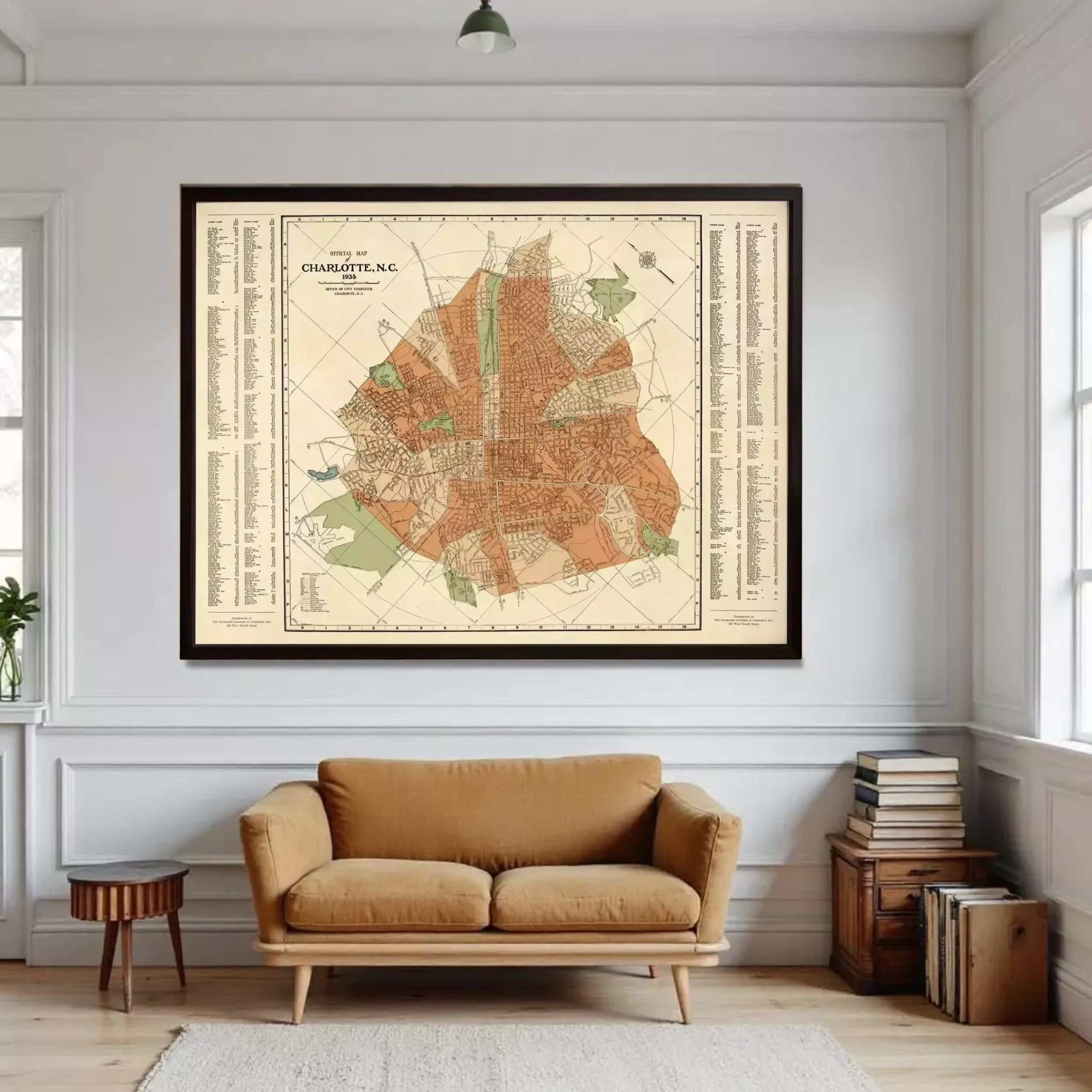a large framed map of Quito, Ecuador, hanging on a white wall above a brown sofa in a living room.