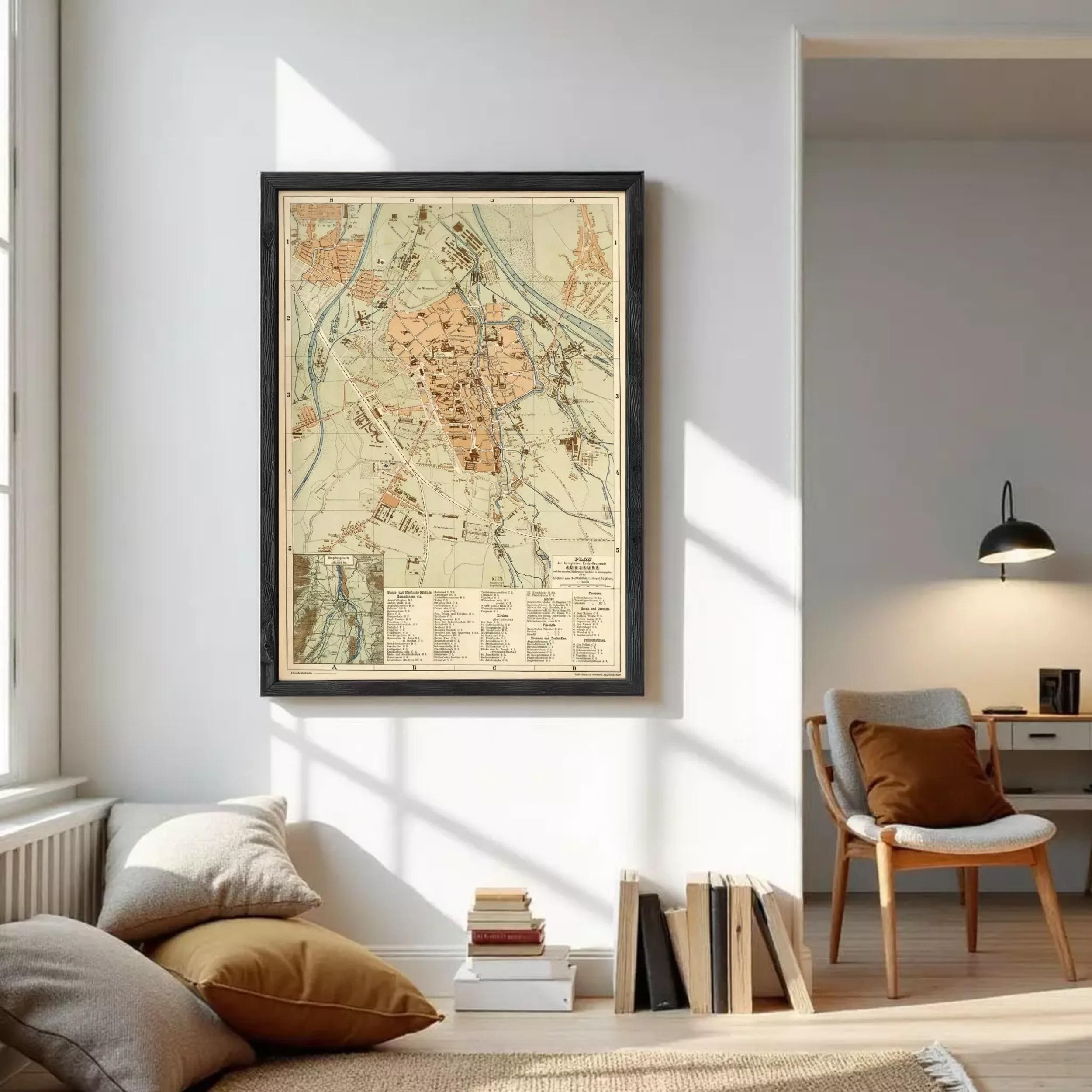 The image is a framed vintage map of a city, likely from the 19th century, with detailed geographical information and labels.