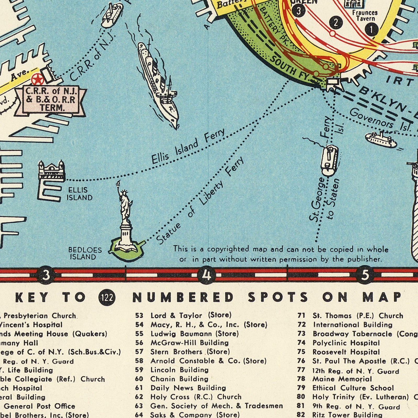 The image is a vintage map of New York City, showing various landmarks and locations, including the Brooklyn Bridge, Ellis Island, and the Manhattan Bridge.