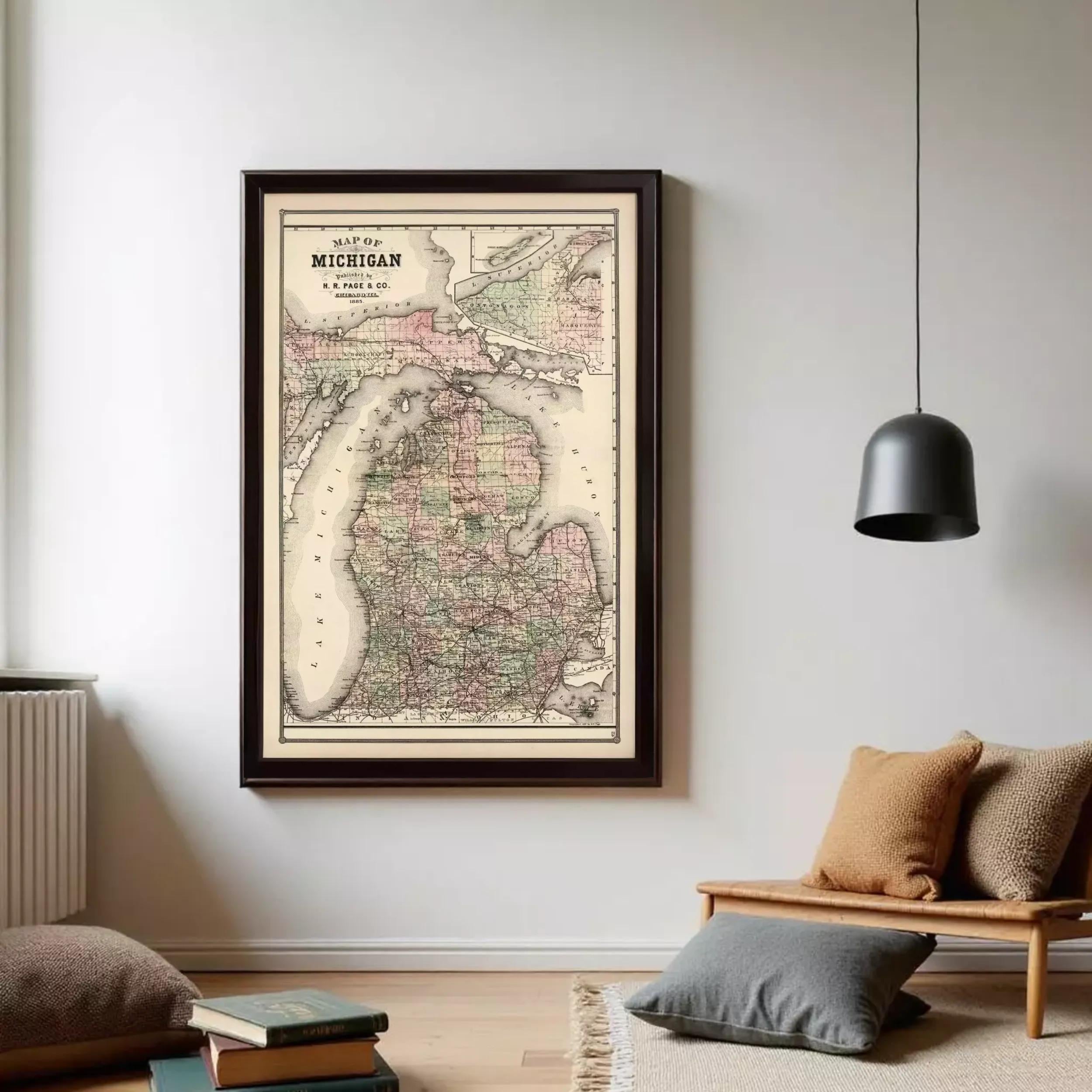 The image is a framed vintage map of Michigan, showing the state's geographical layout and boundaries.
