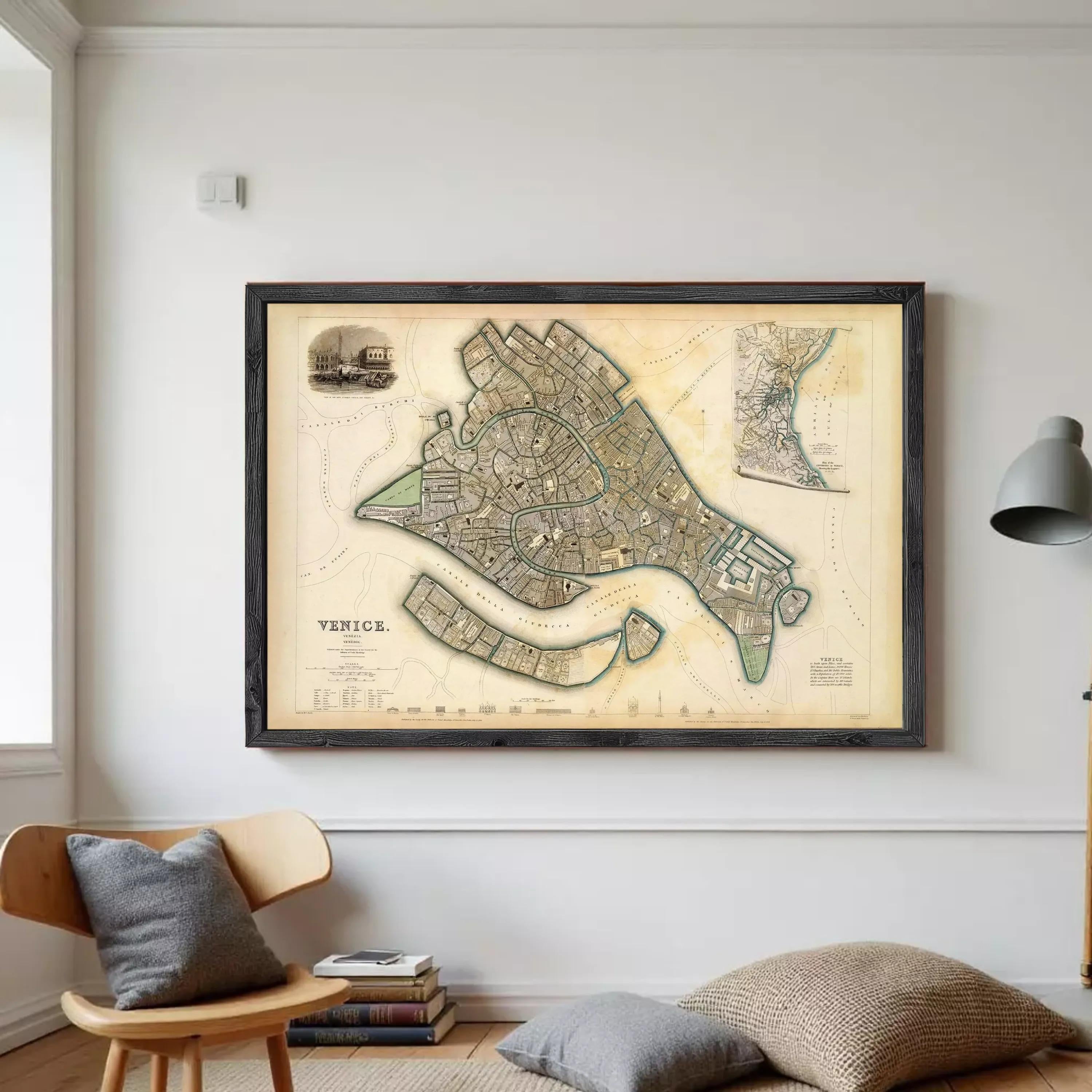 The image is a framed vintage map of Venice, Italy, depicting the city's layout and surrounding areas.