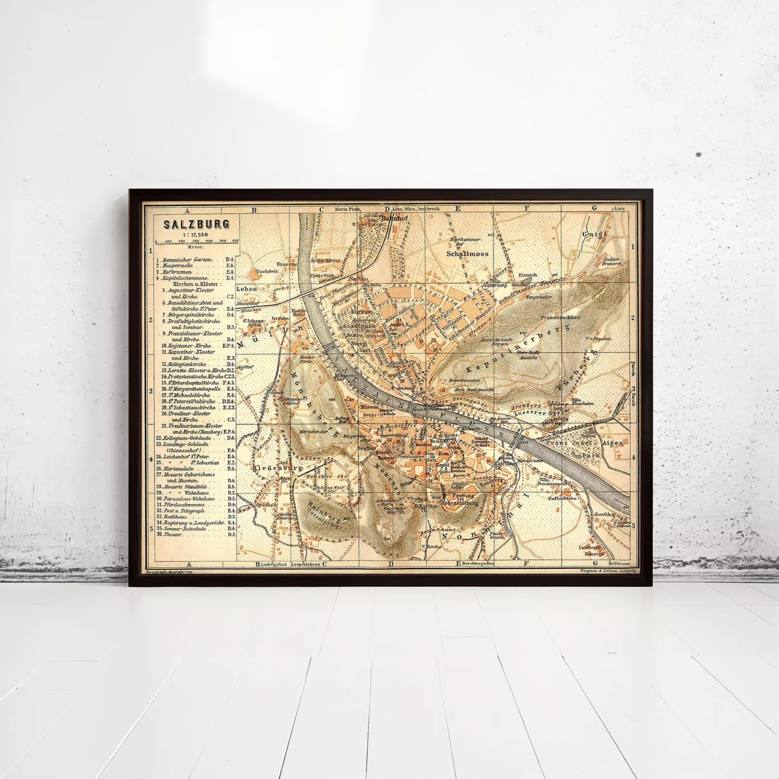The image is a framed vintage map of Salzburg, Austria, depicting the city and its surrounding areas.