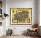 The image is a framed antique map of a city, likely from the Middle Ages, with intricate details and a decorative border.