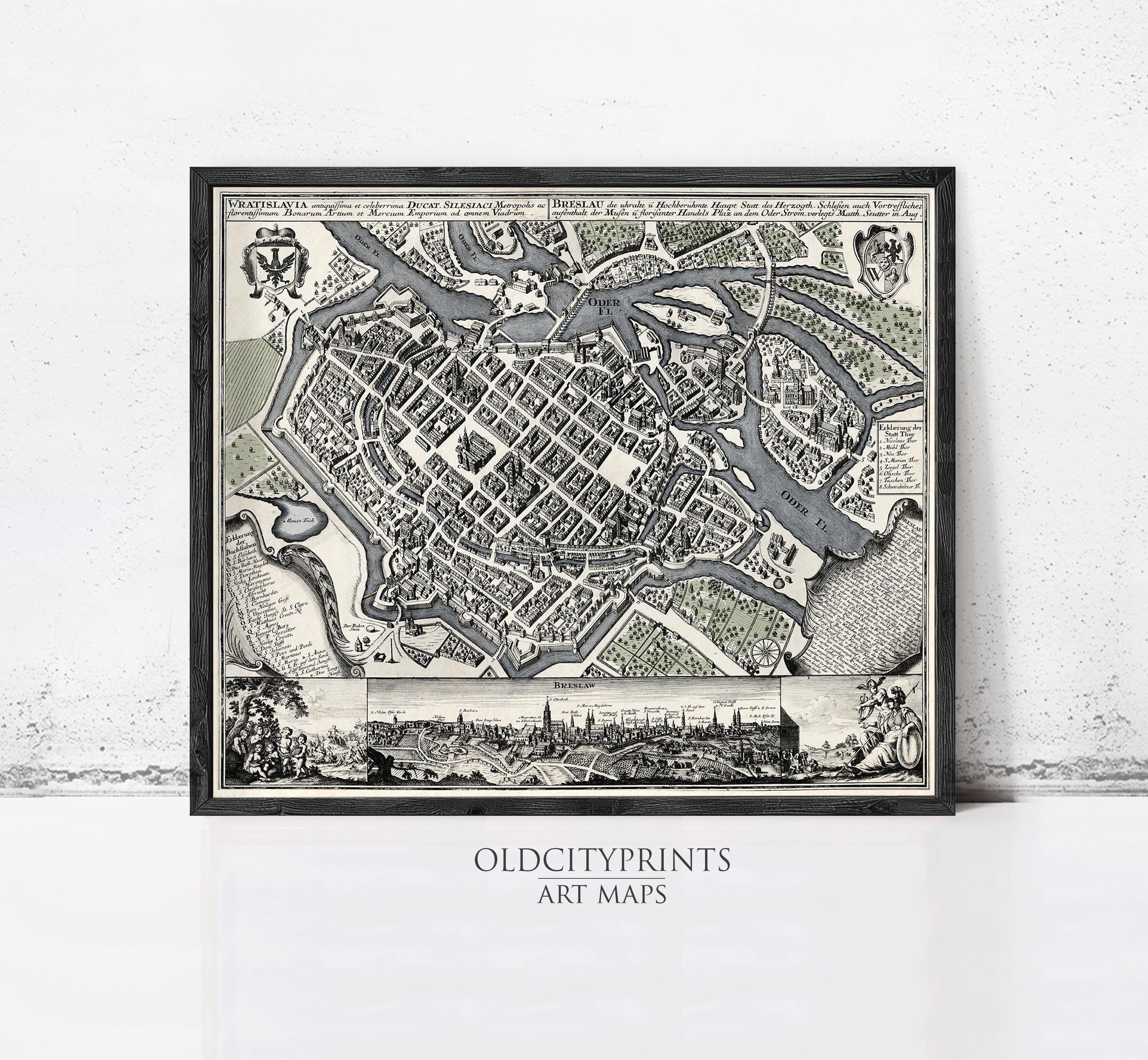 The image is a framed vintage map of a city, likely from the 16th century, with detailed illustrations and labels.