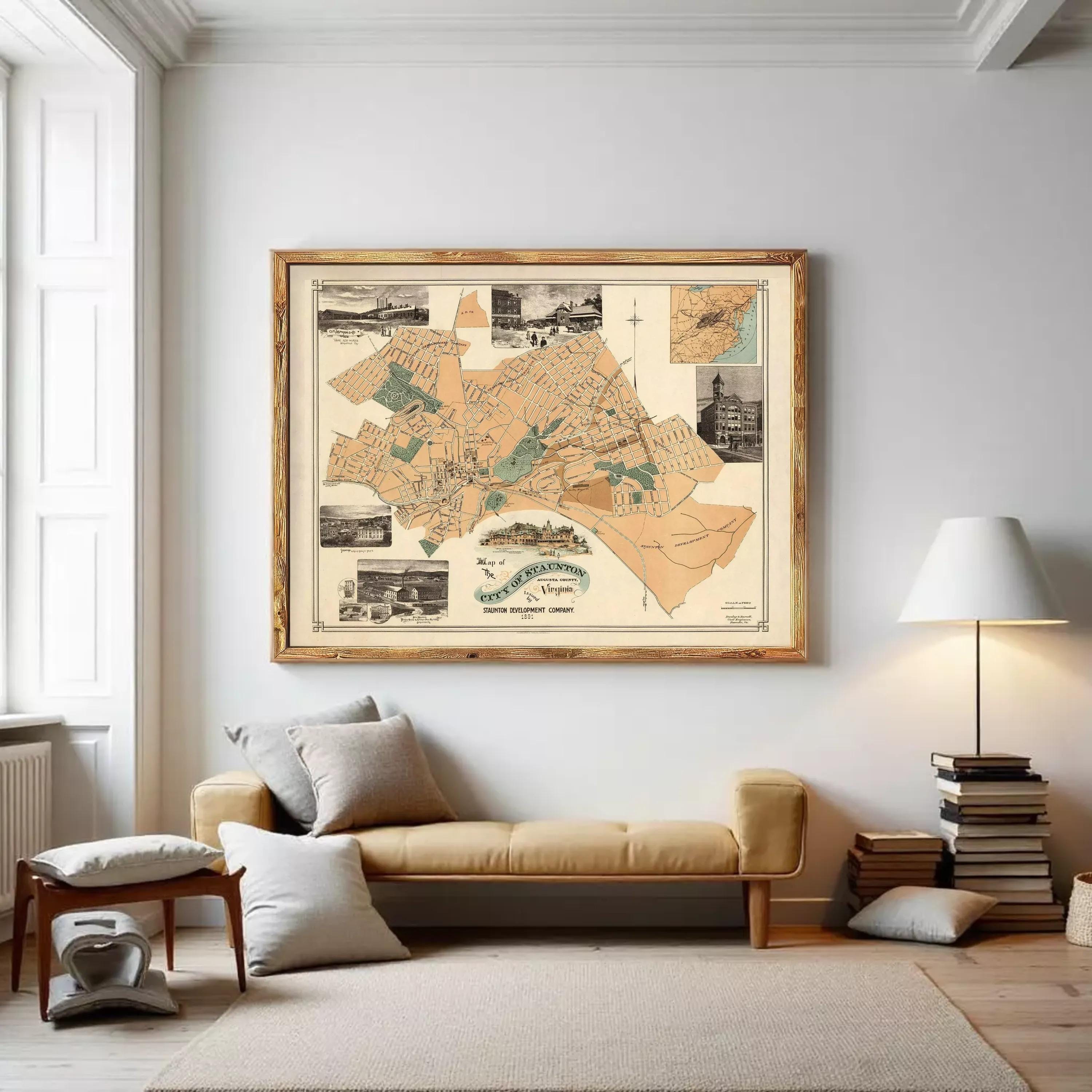 The image is a framed vintage map of the city of Philadelphia, Pennsylvania, depicting various landmarks and streets.