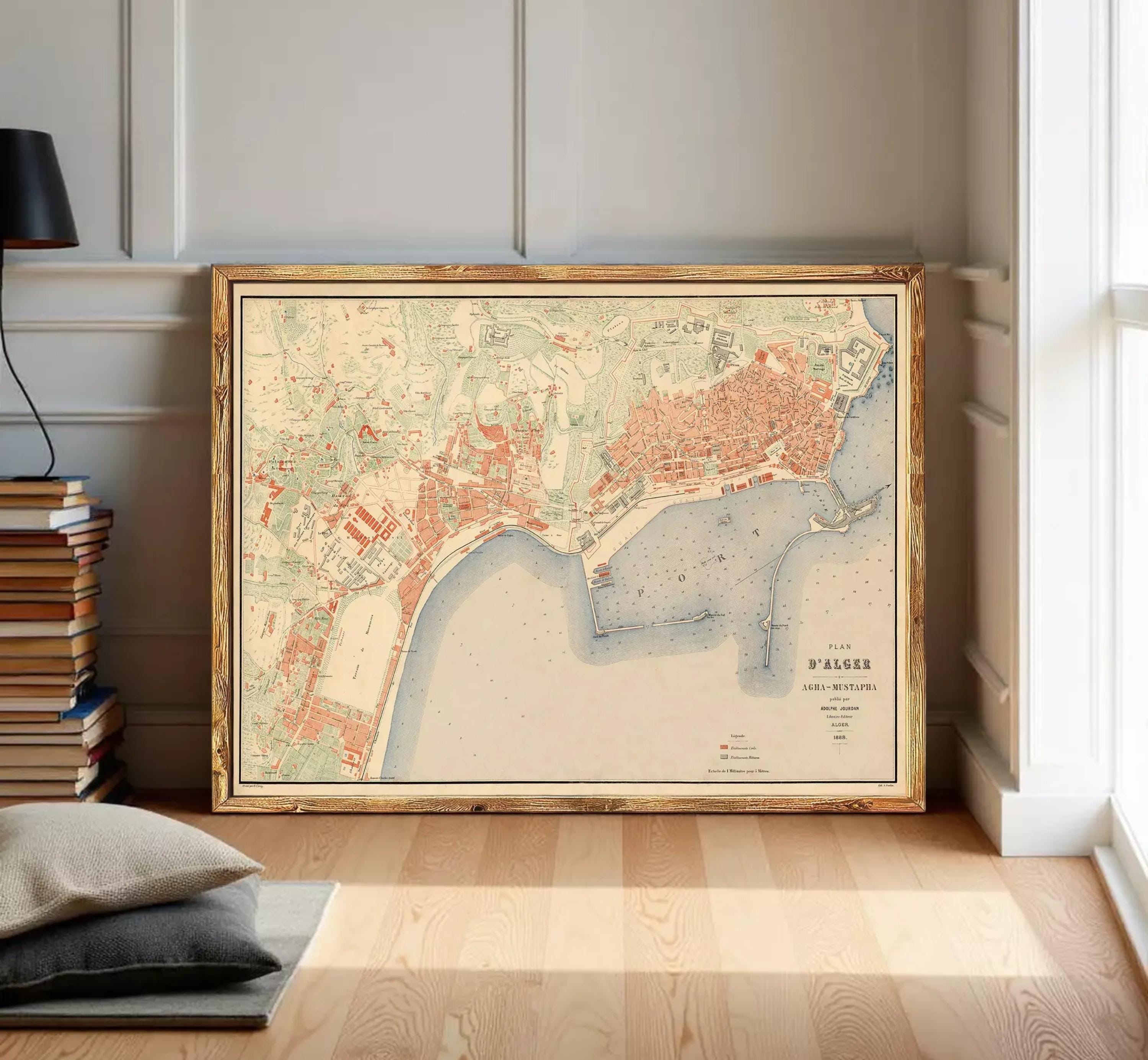The image is a framed map of a city, likely from the 19th century, with a wooden frame.