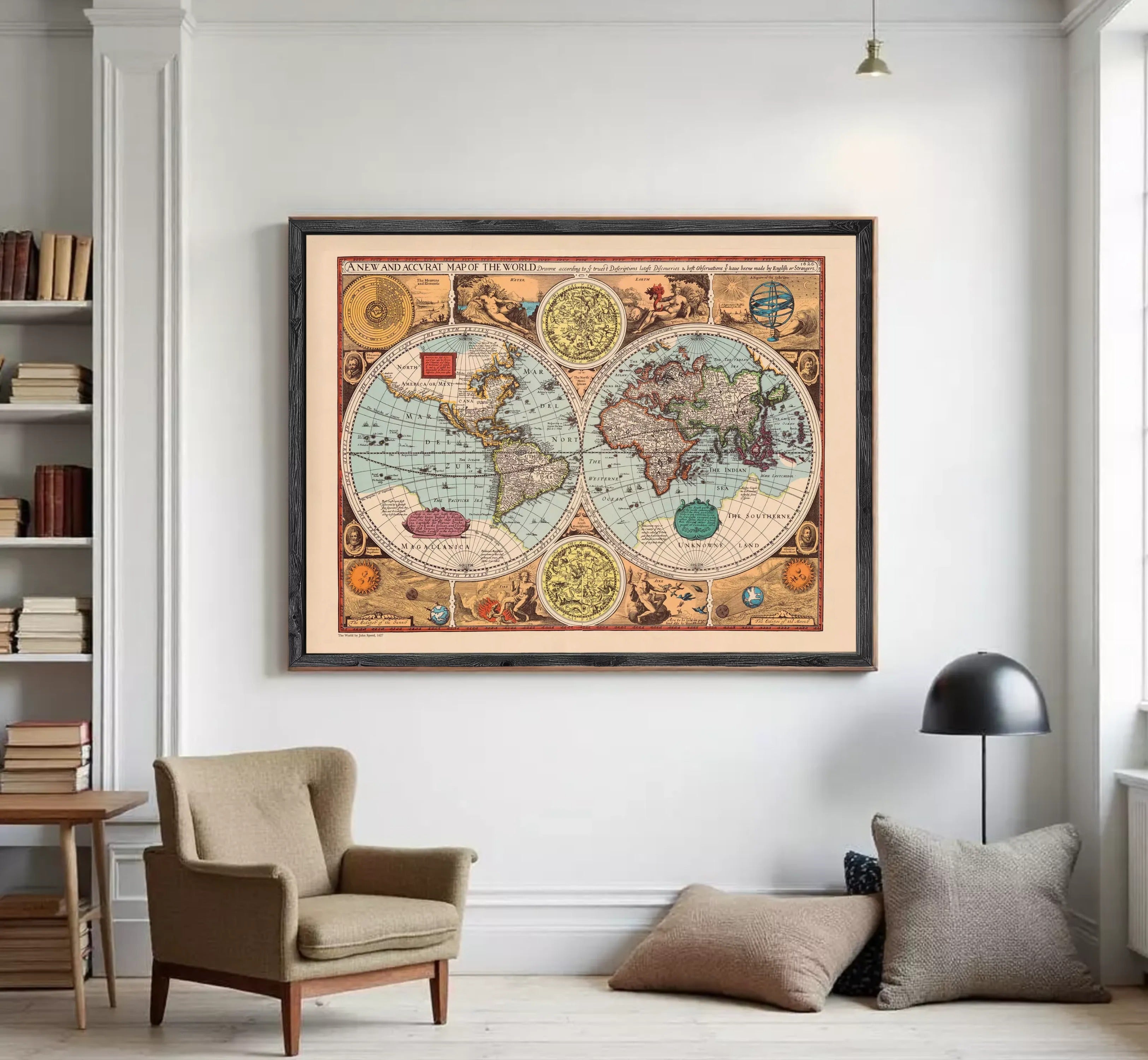 The image is a framed vintage map of the world, featuring detailed illustrations and labels.