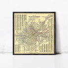 The image is a framed vintage map of Los Angeles, California, depicting the city's streets and transportation system.