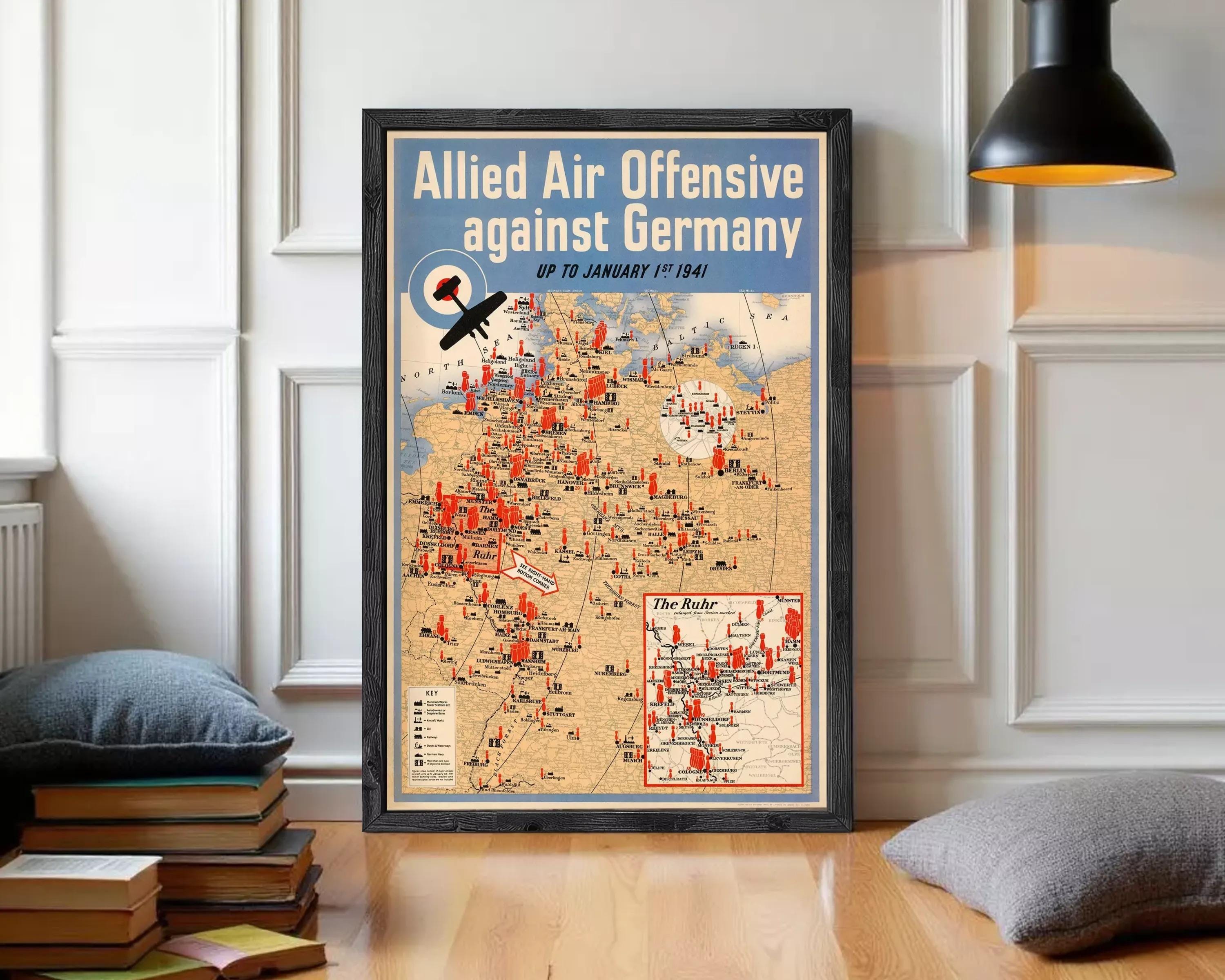The image is a vintage poster depicting a map of Europe and Germany during World War II, with a focus on the Allied Air Offensive against Germany.