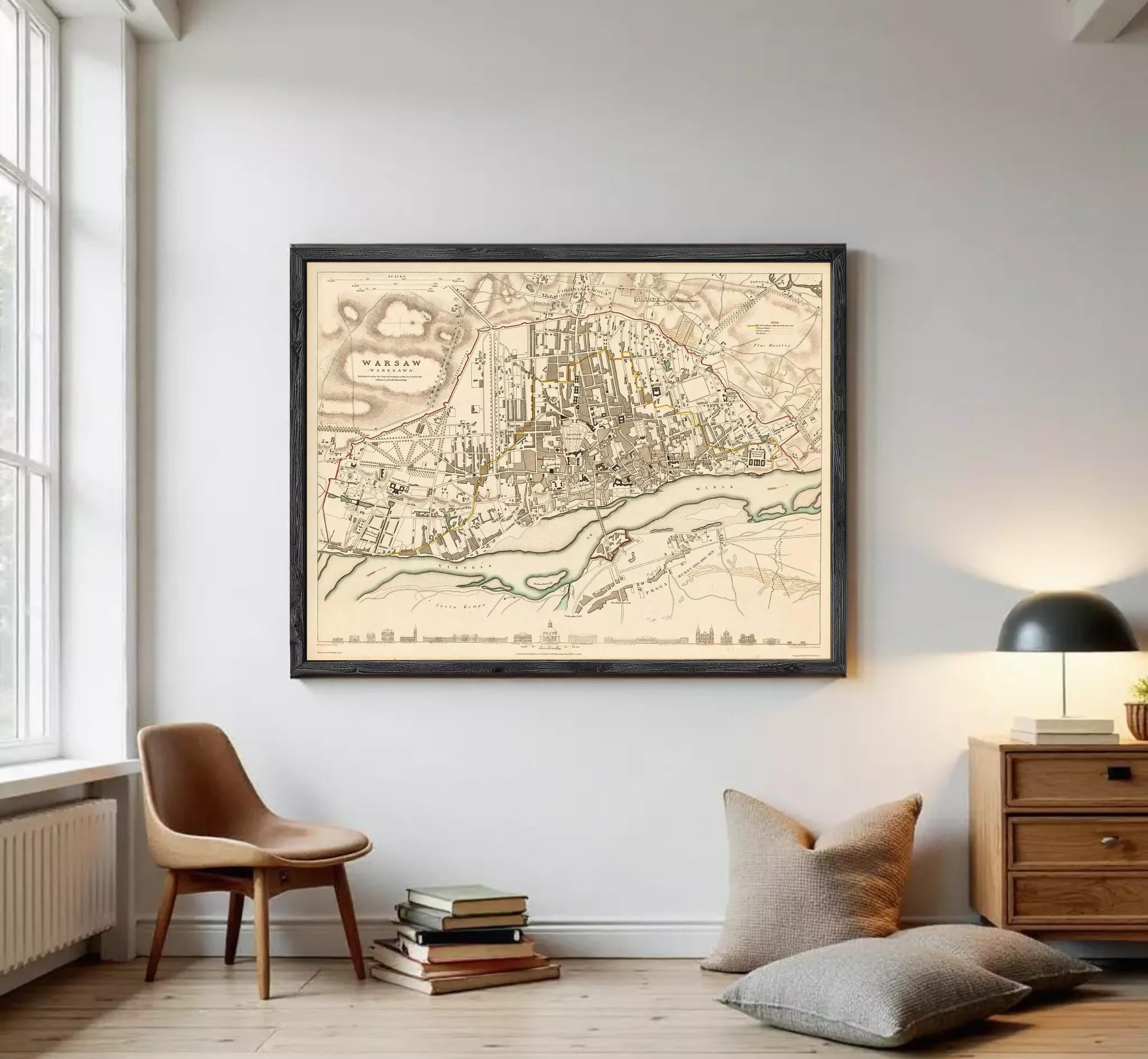 The image is a framed map of Warsaw, Poland, depicting the city's layout and surrounding areas.