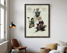 The image is a framed vintage map depicting a scene with various characters, including a man in a suit, a woman in a dress, and a man in a suit holding a flag. The map appears to be from the 19th century, and the text includes the words "British Isles" and "1850".