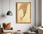 The image is a framed vintage map of the city of Bombay, India, depicting the city's layout and surrounding areas.