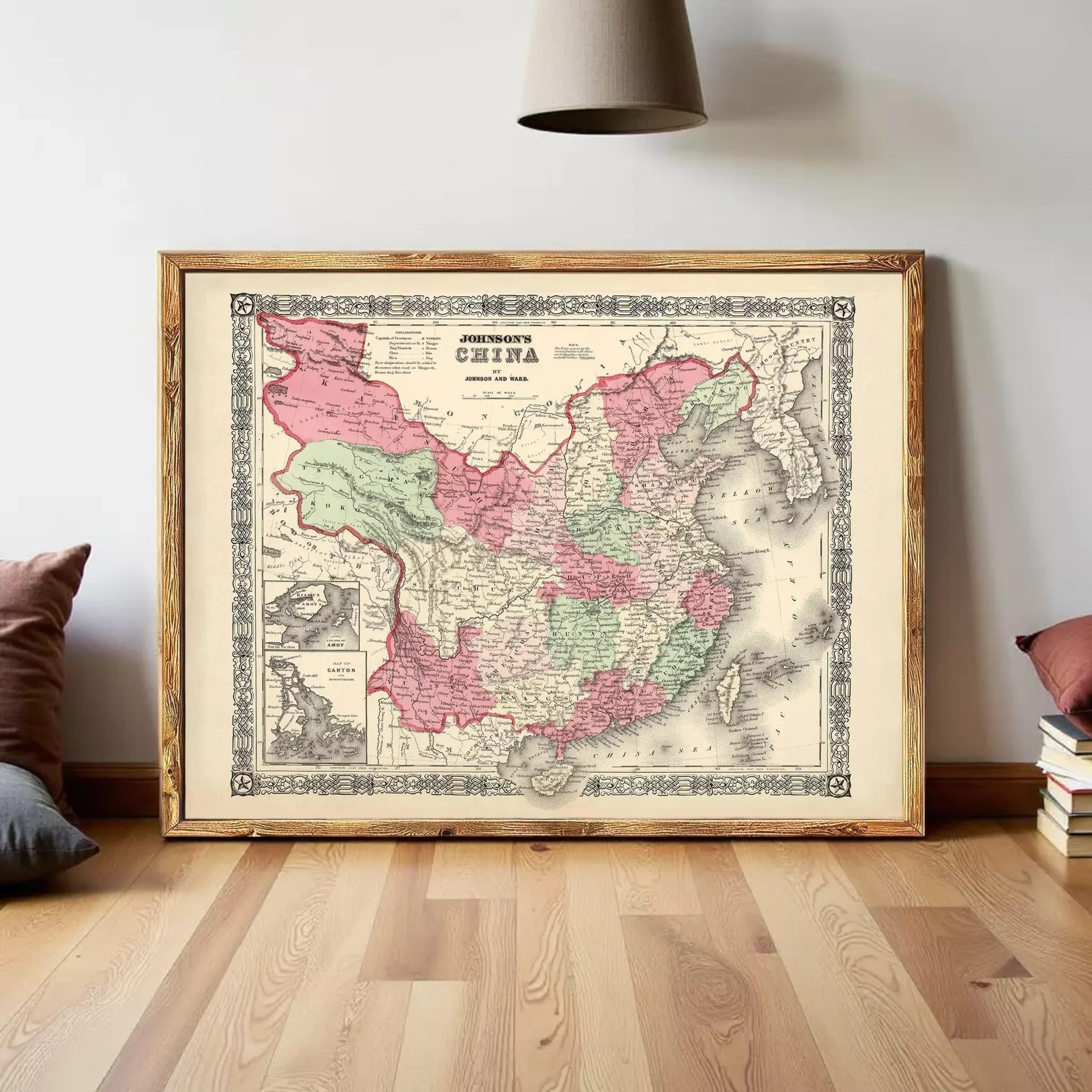 The image is a framed vintage map of China, depicting the country in a detailed and intricate manner.