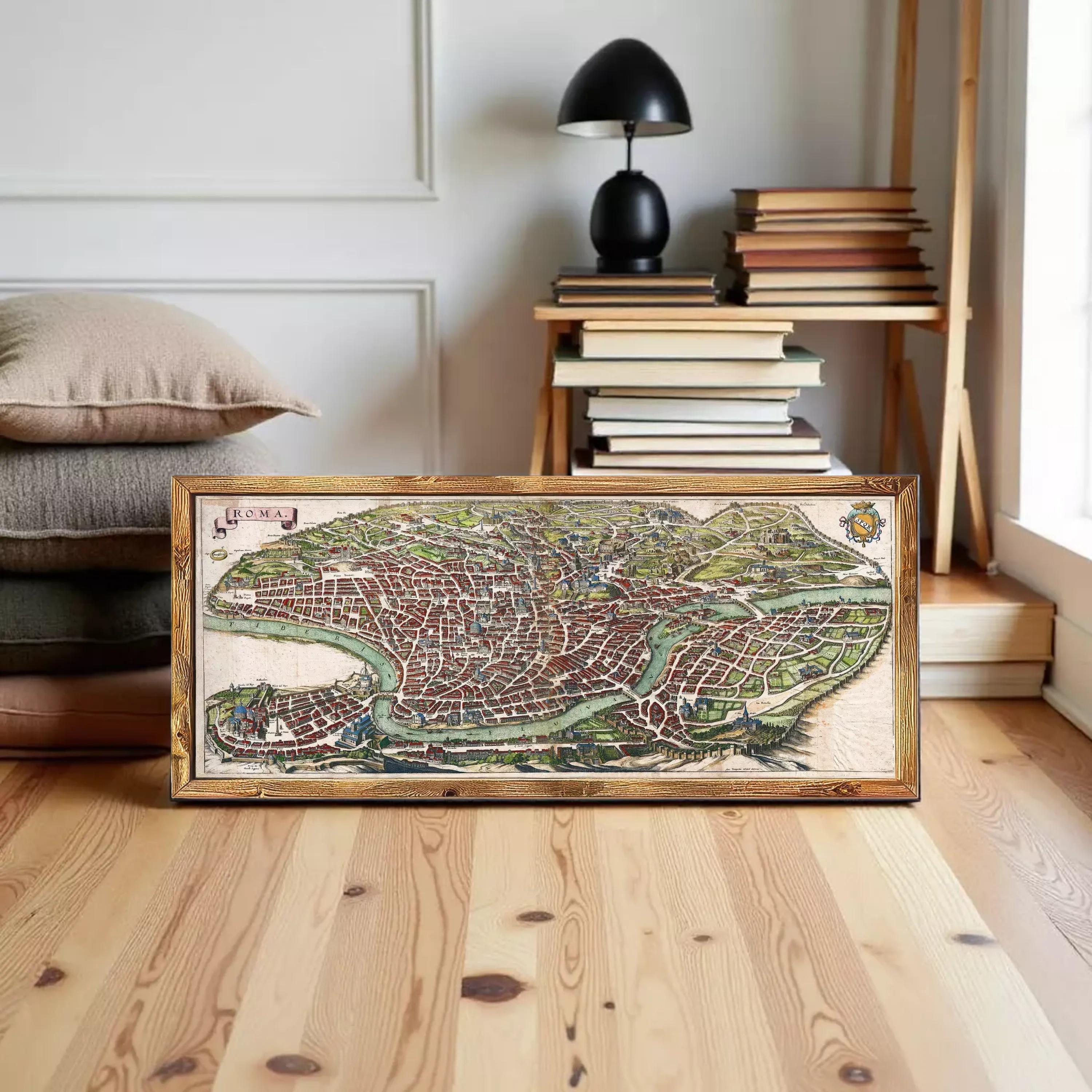 The image is a framed map of a city, depicting a detailed and intricate layout of the urban landscape.