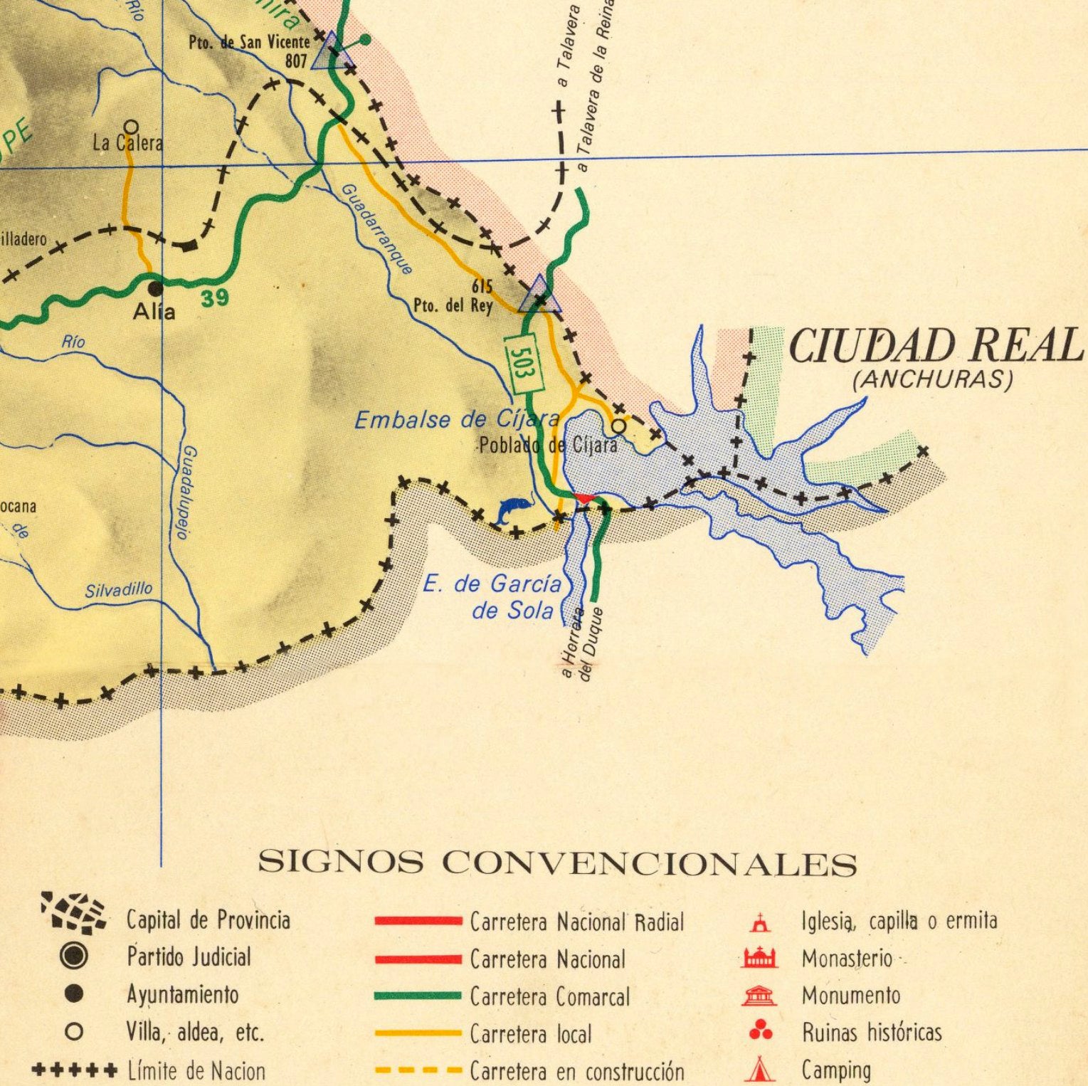 The image is a map of the region surrounding the city of Ciudad Real (Anchuras), showing various landmarks and points of interest.
