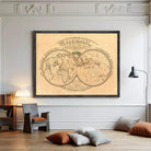 The image is a framed vintage map of the world, depicting a detailed and intricate map of the world with various geographical features and labels.