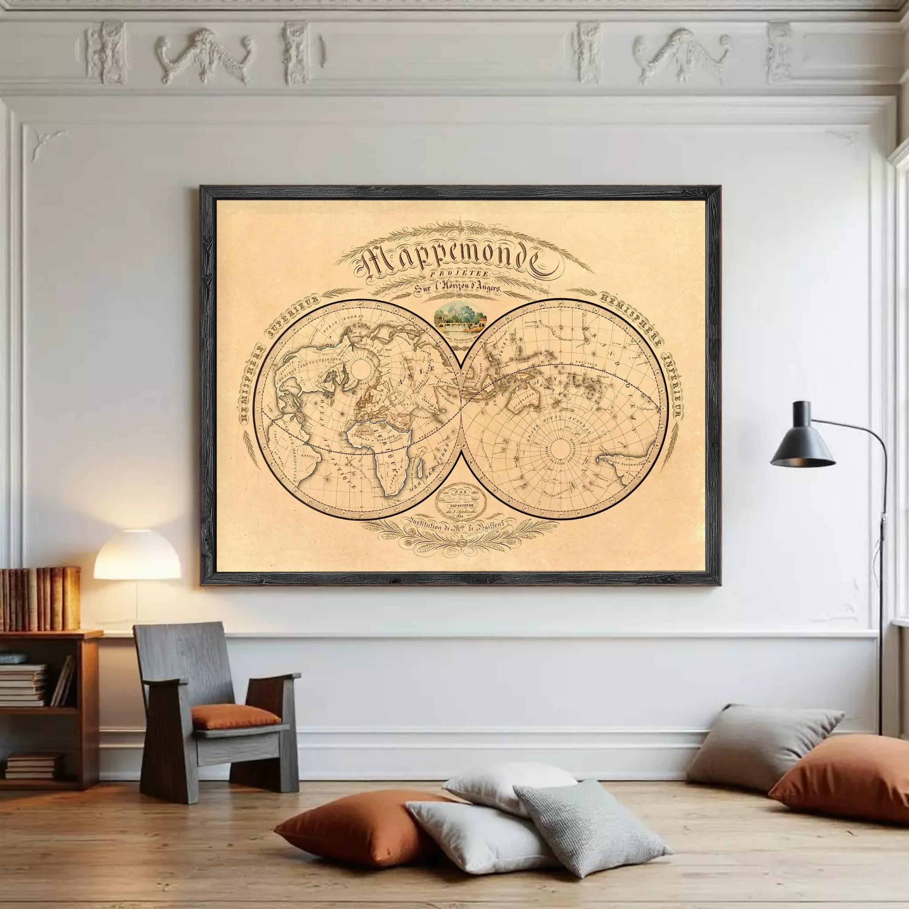 The image is a framed vintage map of the world, depicting a detailed and intricate map of the world with various geographical features and labels.