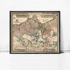 The image is a framed vintage map of Europe, depicting various countries and regions with intricate details and labels.